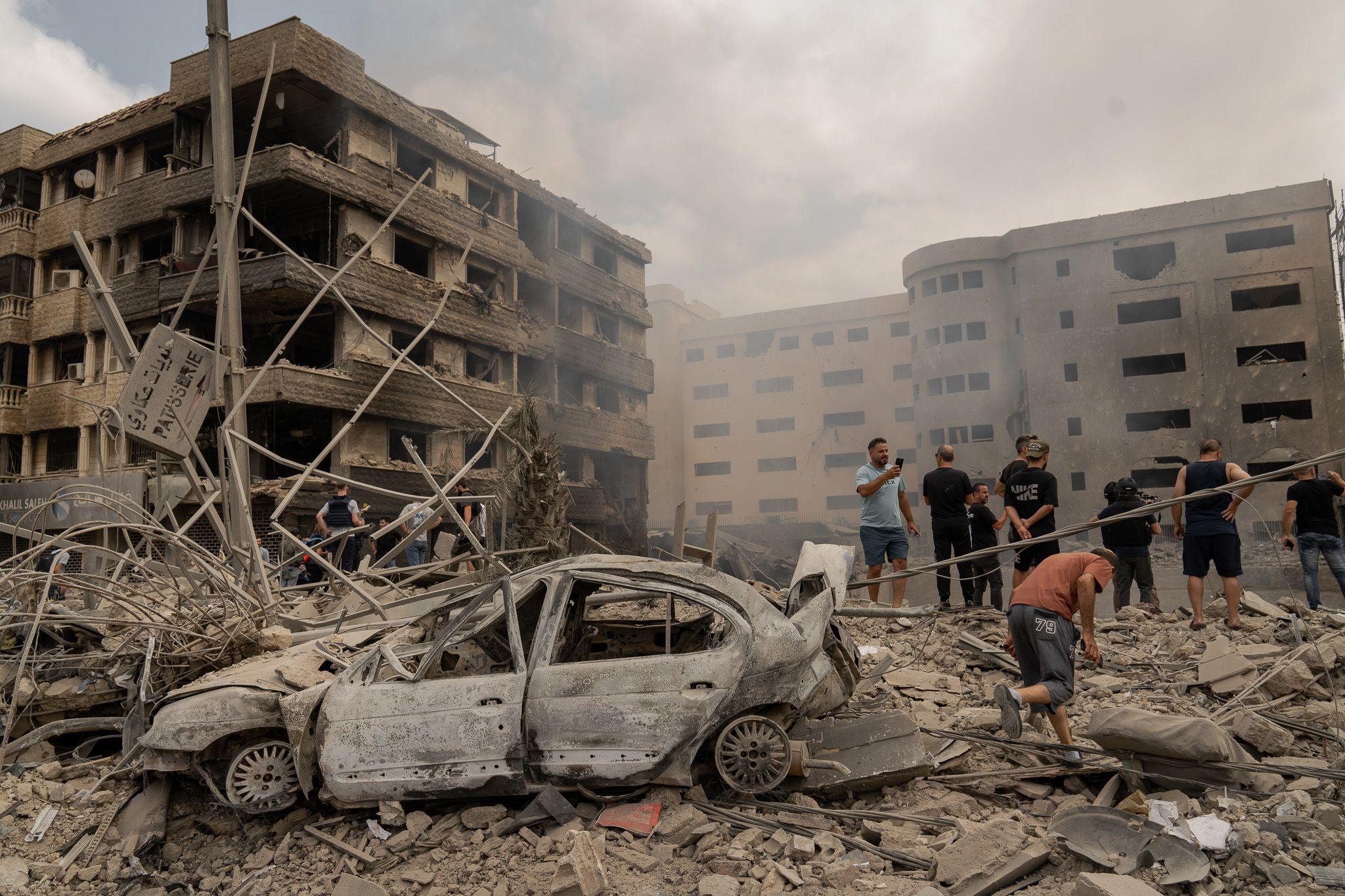 An air strike on the edge of the Dahieh area that completely destroyed one building and damaged adjacent buildings, including a large gynaecology clinic