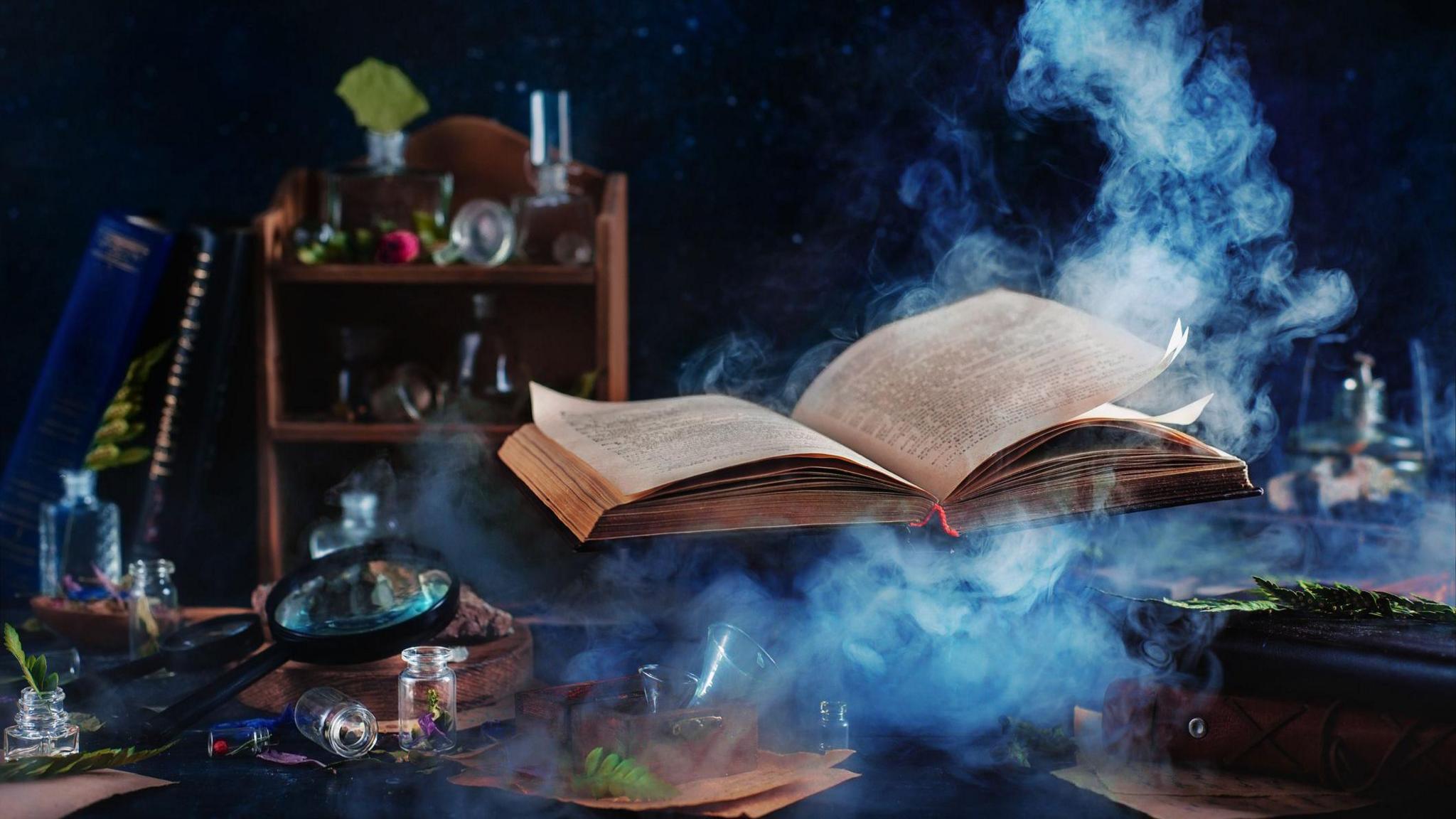 A levitating book of spells, jars and bottles on a dark background with rising mystic smoke