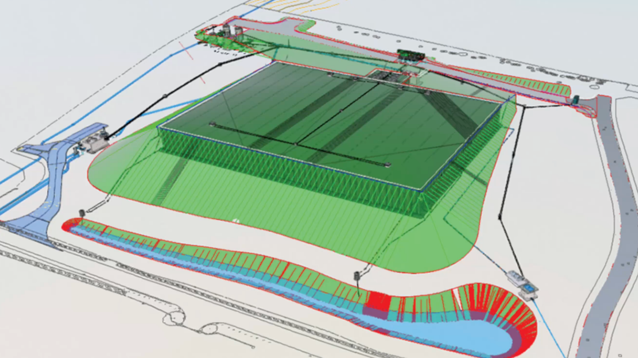 A computer generated image showing how the reservoir and surrounding land could have looked in plans originally submitted. The photograph shows a large rectangle, which is the reservoir site, covered in what is meant to be grass.