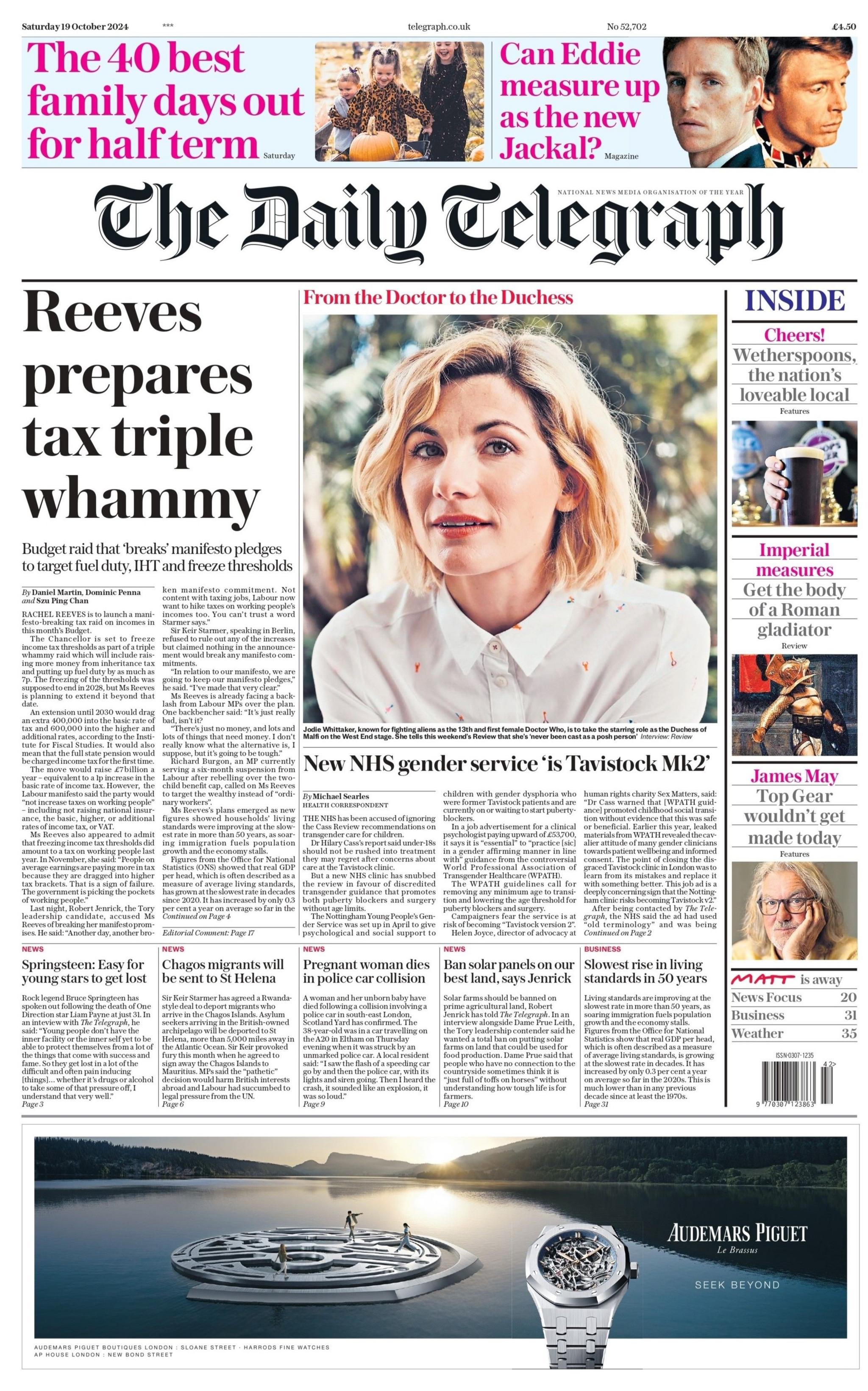 The headline of the Daily Telegraph reads "Reeves prepares tax triple whammy".