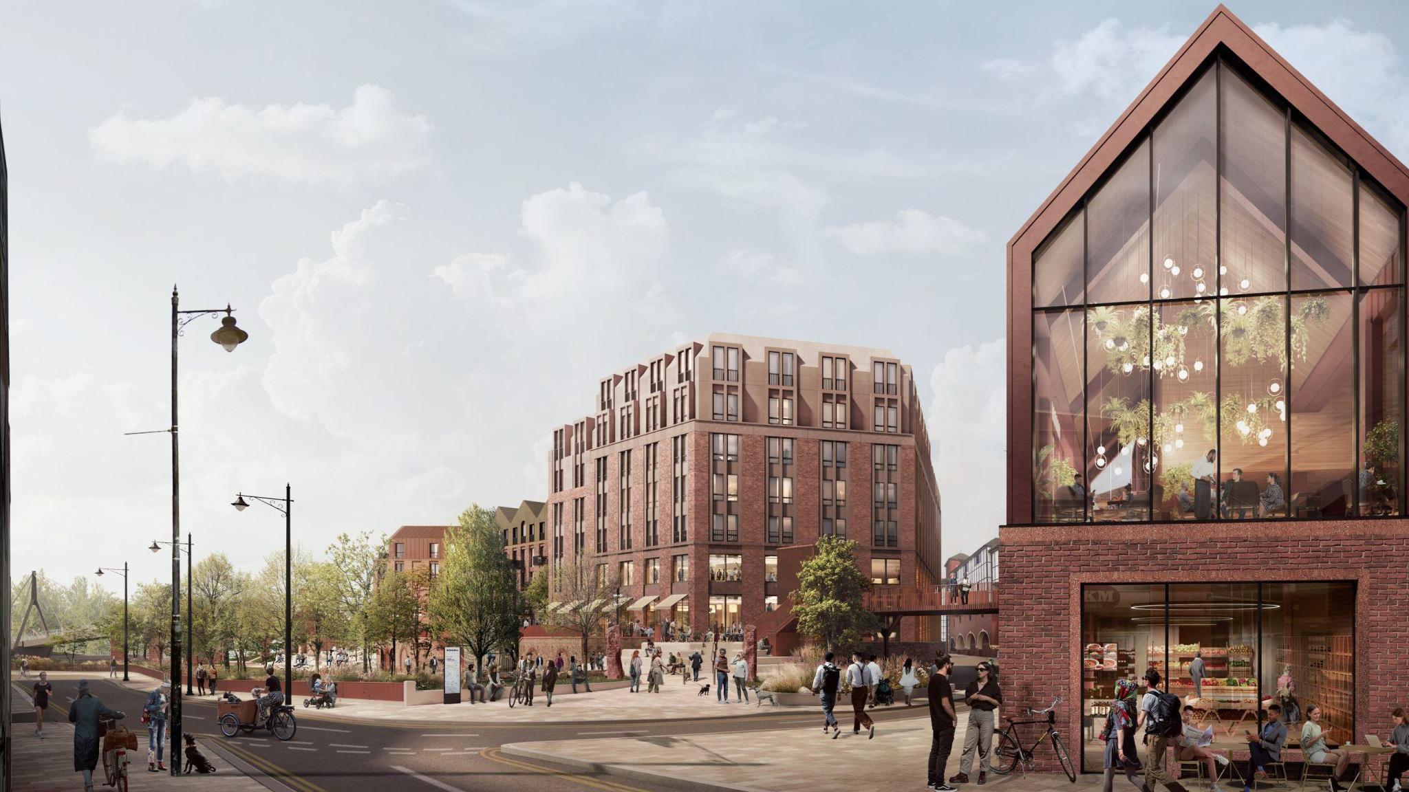 An artists impression of a two-story hotel building made of red brick. Adjacent to it is a red brick building with large glass windows on the first floor. There are people walking around near both buildings.