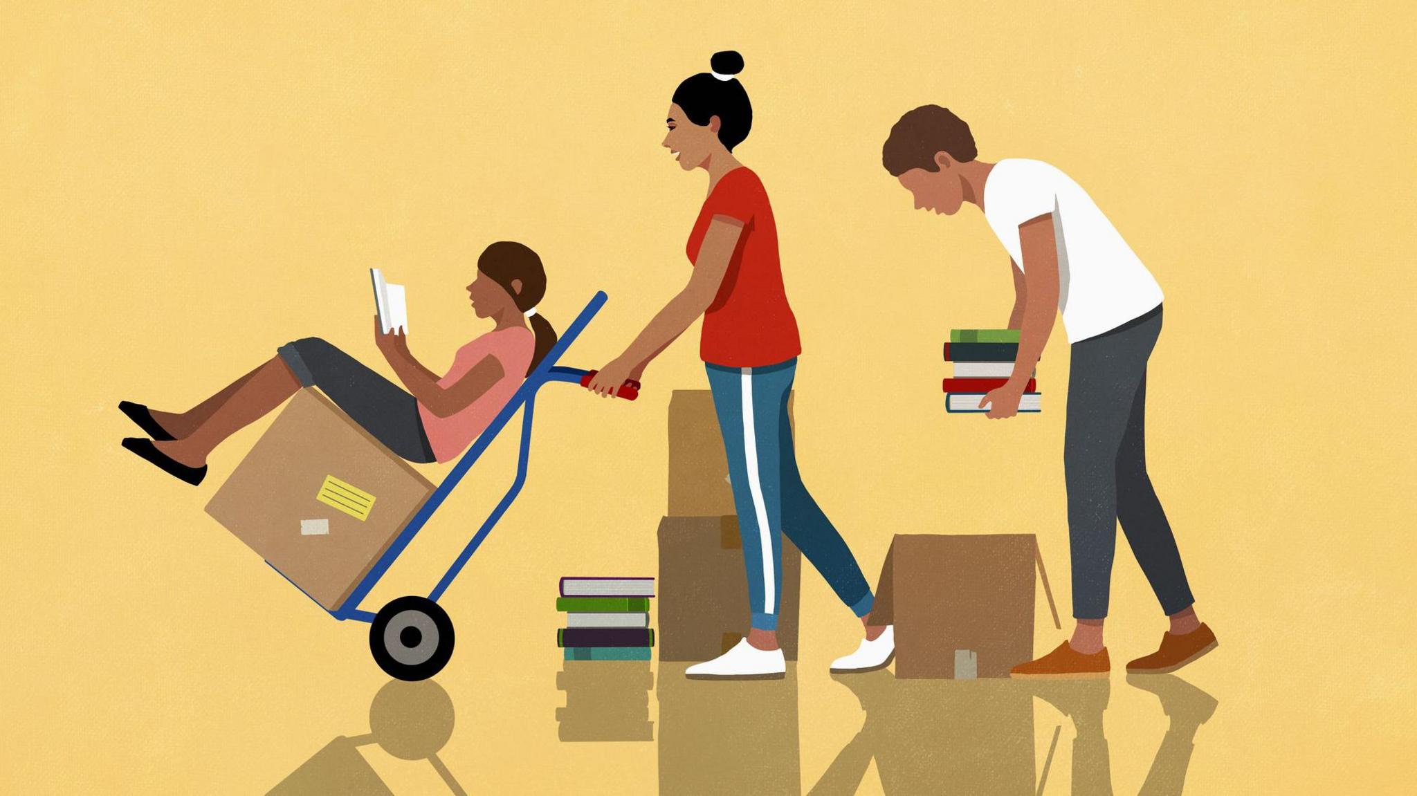 A cartoon of a family of three packing their belongings. A girl sits on a packing trolley whilst reading a book. It is pushed by her mum whilst her dad packs boxes with books. The background is yellow.
