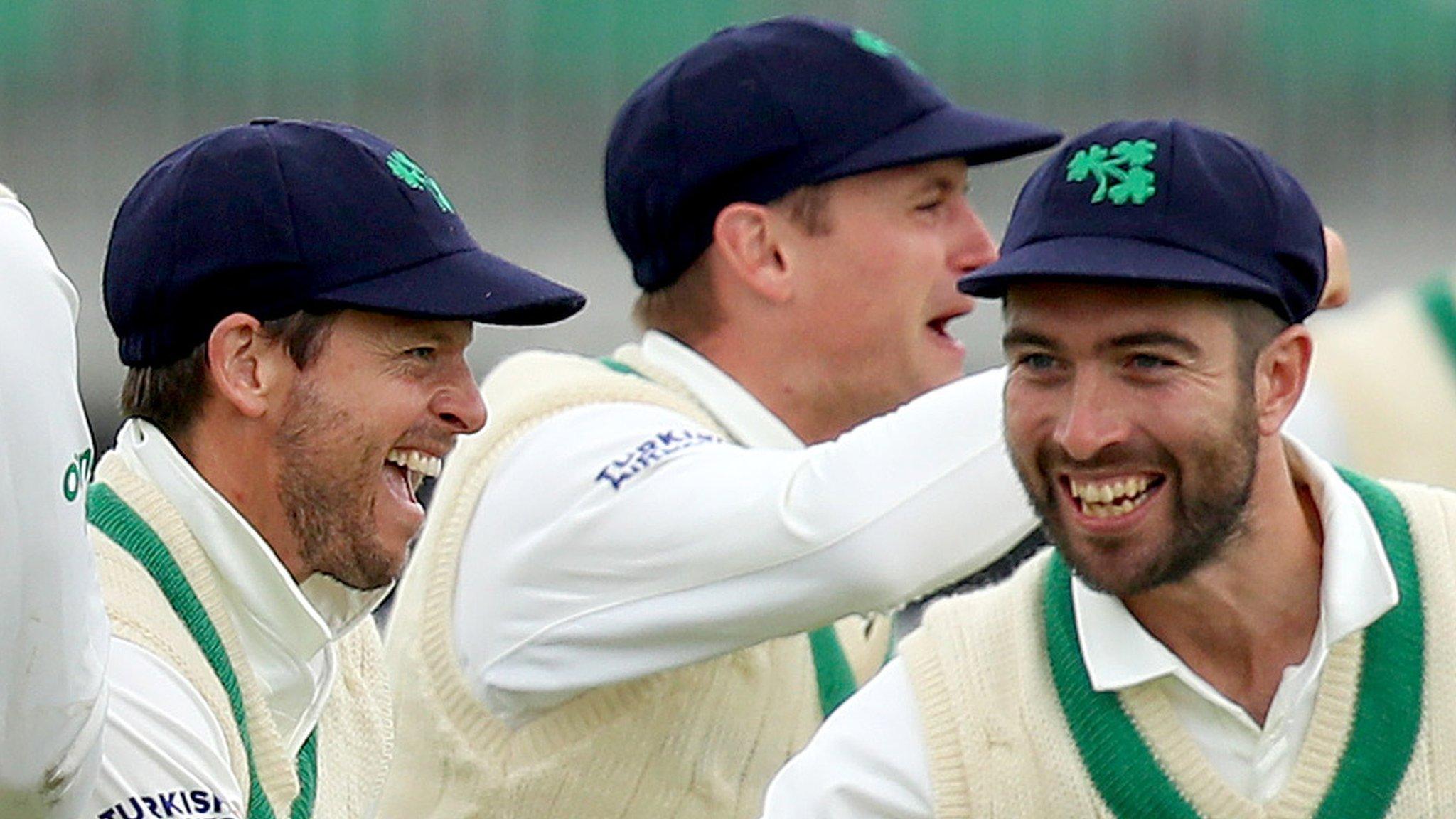 Ed Joyce, William Porterfield and Andrew Balbirnie celebrate a Pakistan dismissal in the Test at Malahide