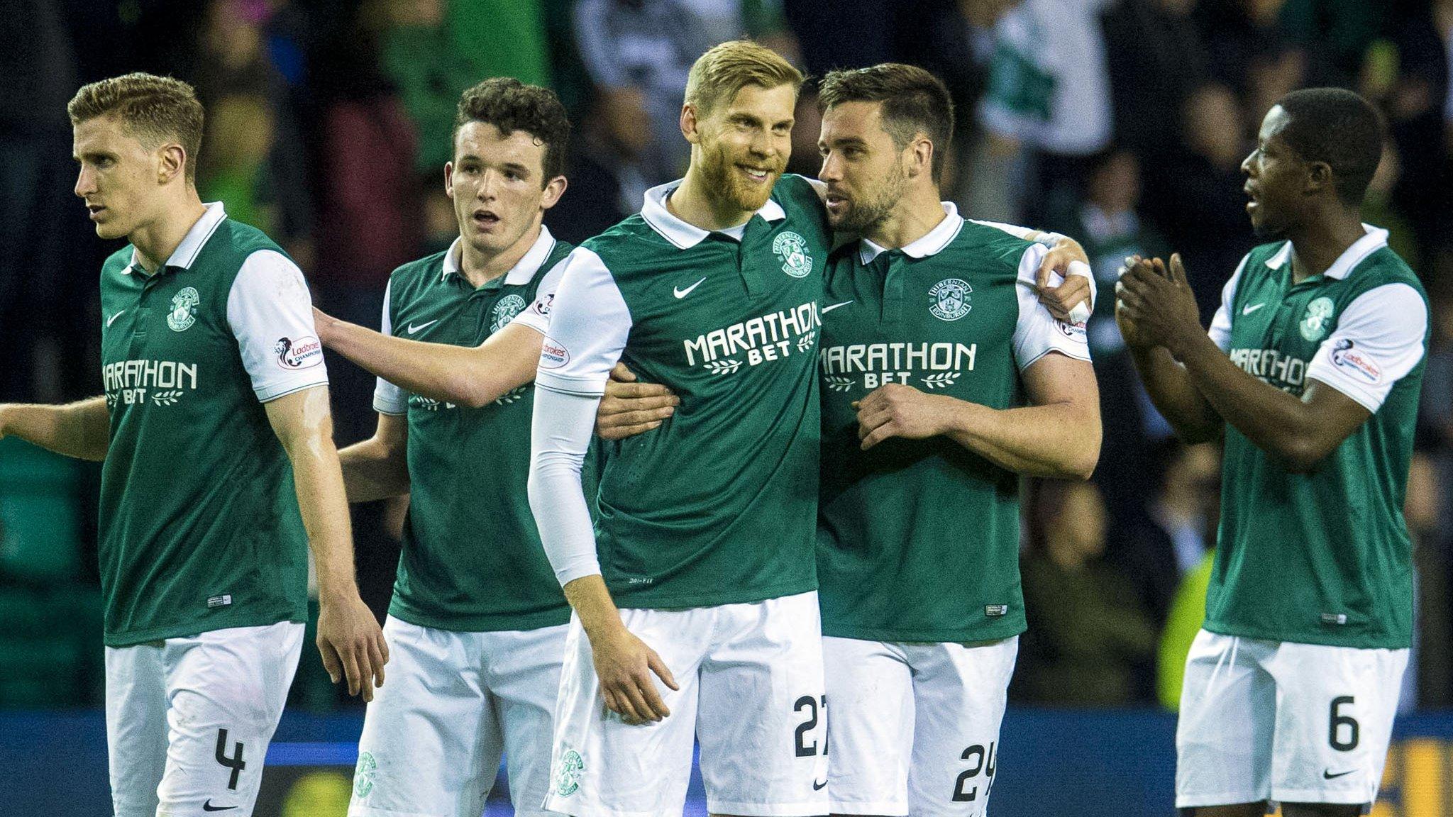 Hibs celebrate a 3-2 victory over Rangers