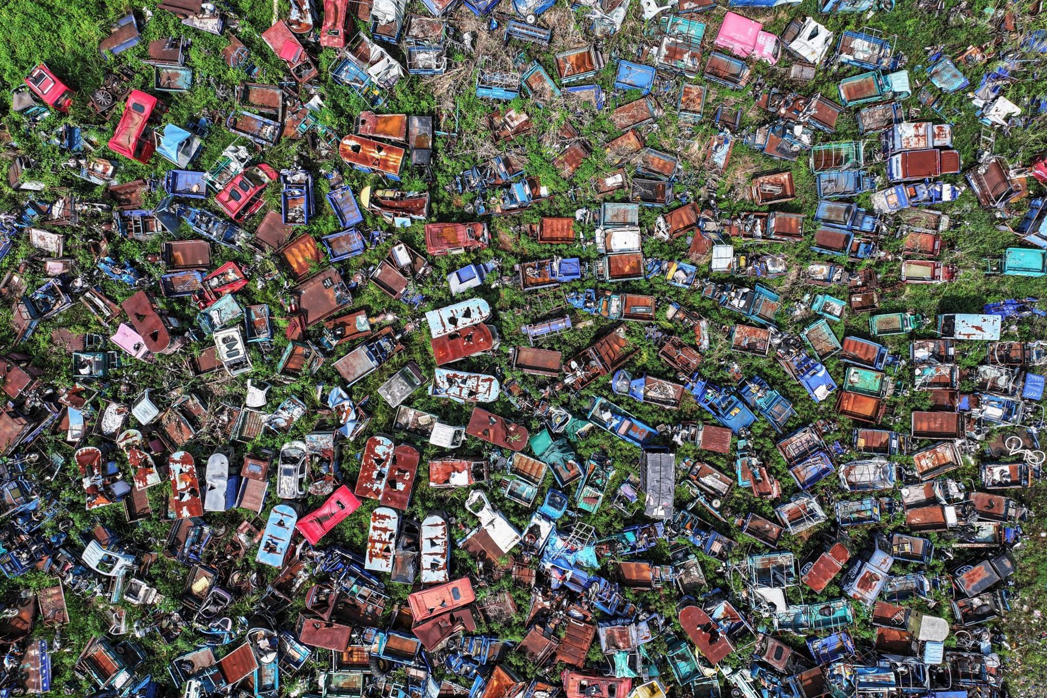 An aerial view of abandoned vehicles waiting to be scrapped in Nanjing, China