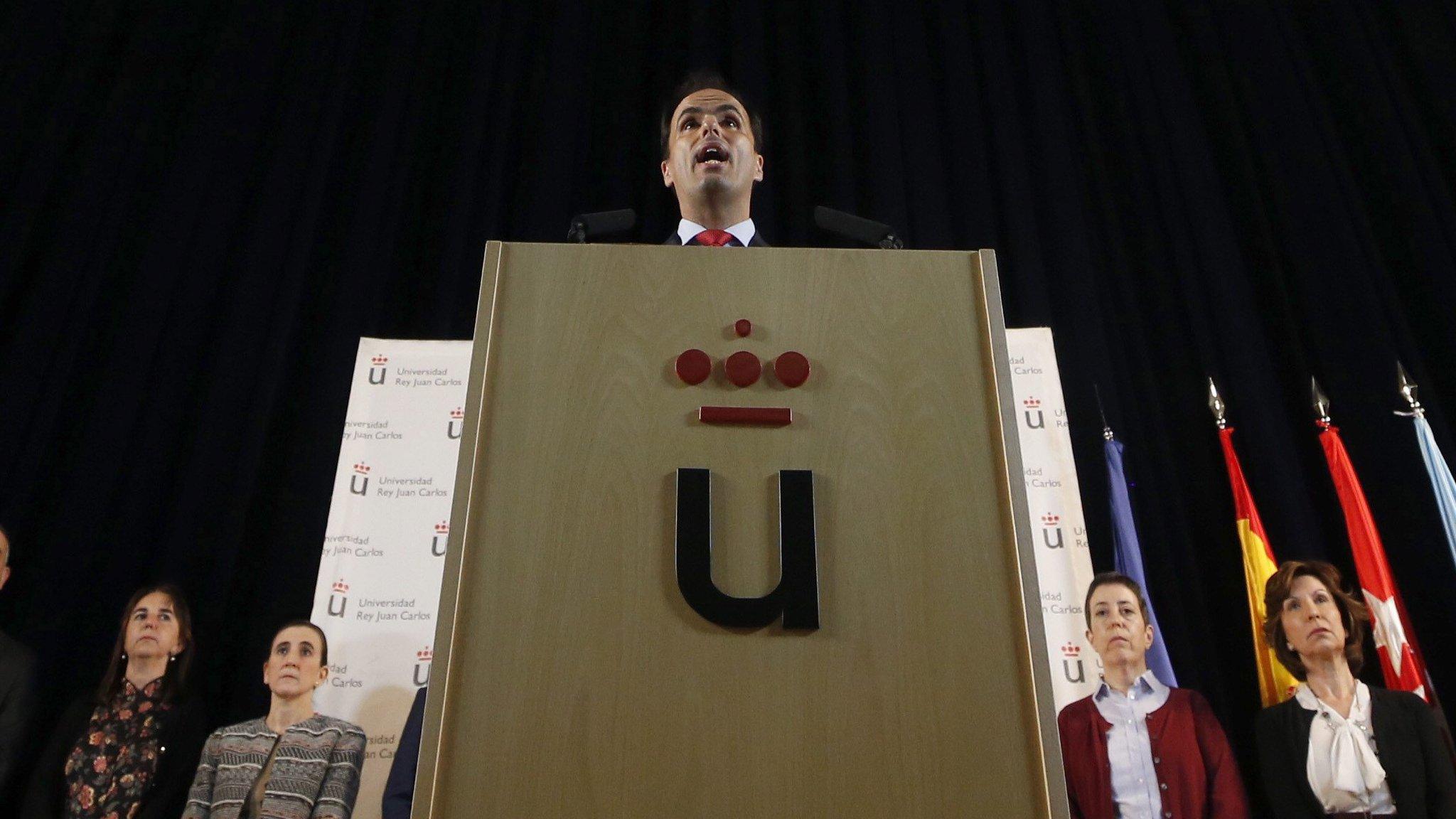 King Juan Carlos University president Javier Ramos speaking to the media