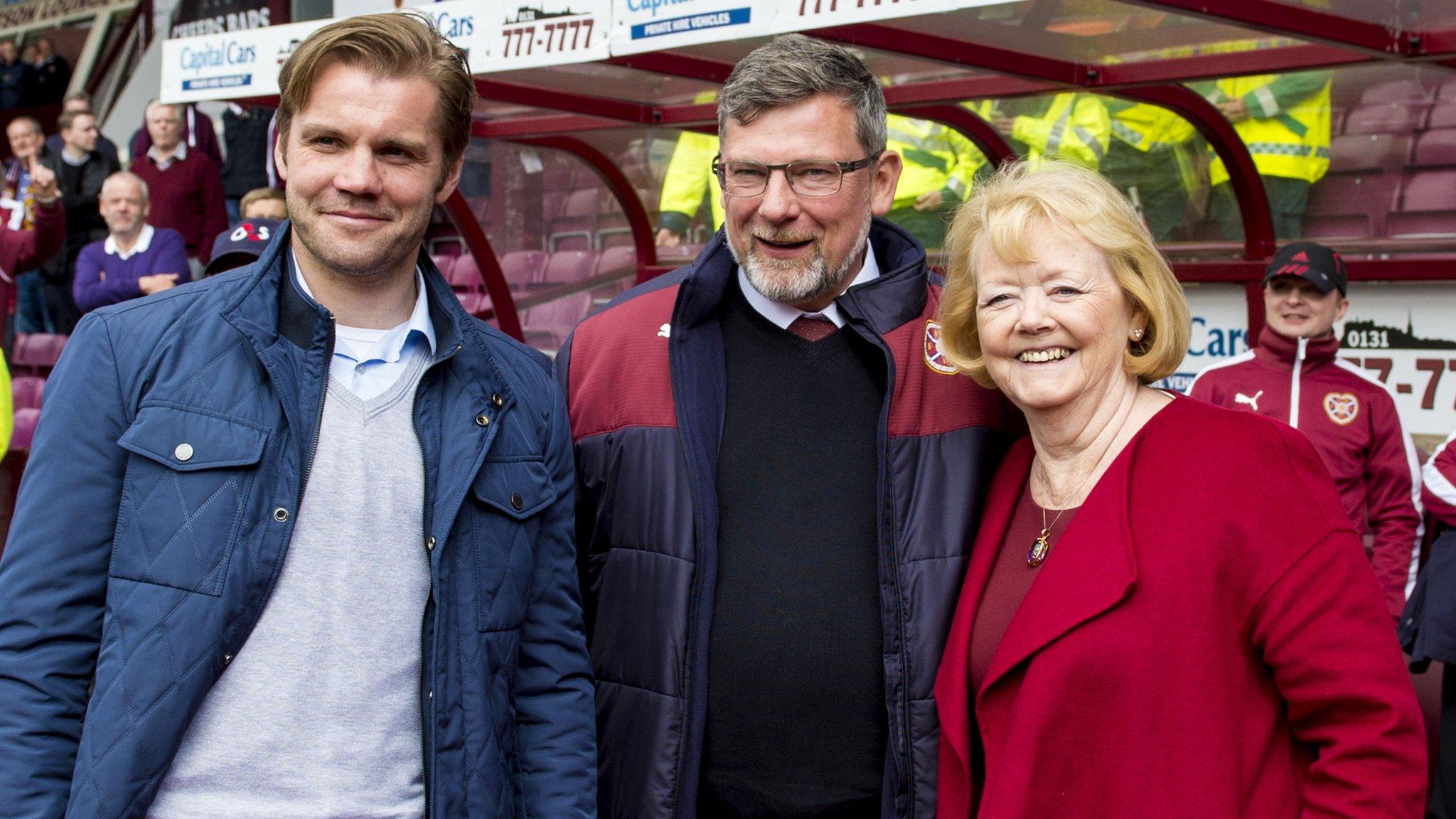 Hearts head coach Robbie Neilson, director of football Craig Levein and owner Ann Budge