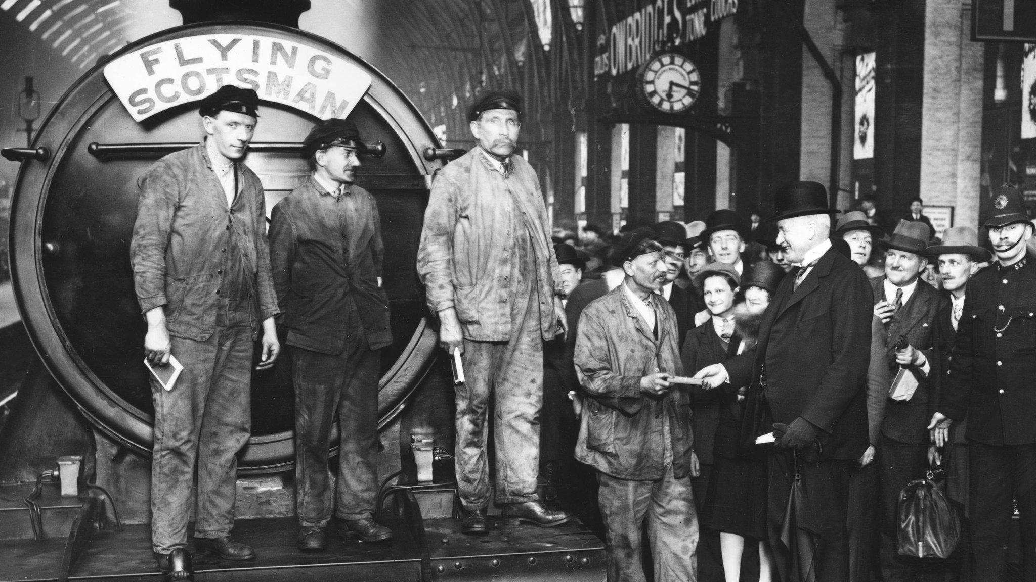 The arrival of the Flying Scotsman at King"s Cross station in London in the 1920s.