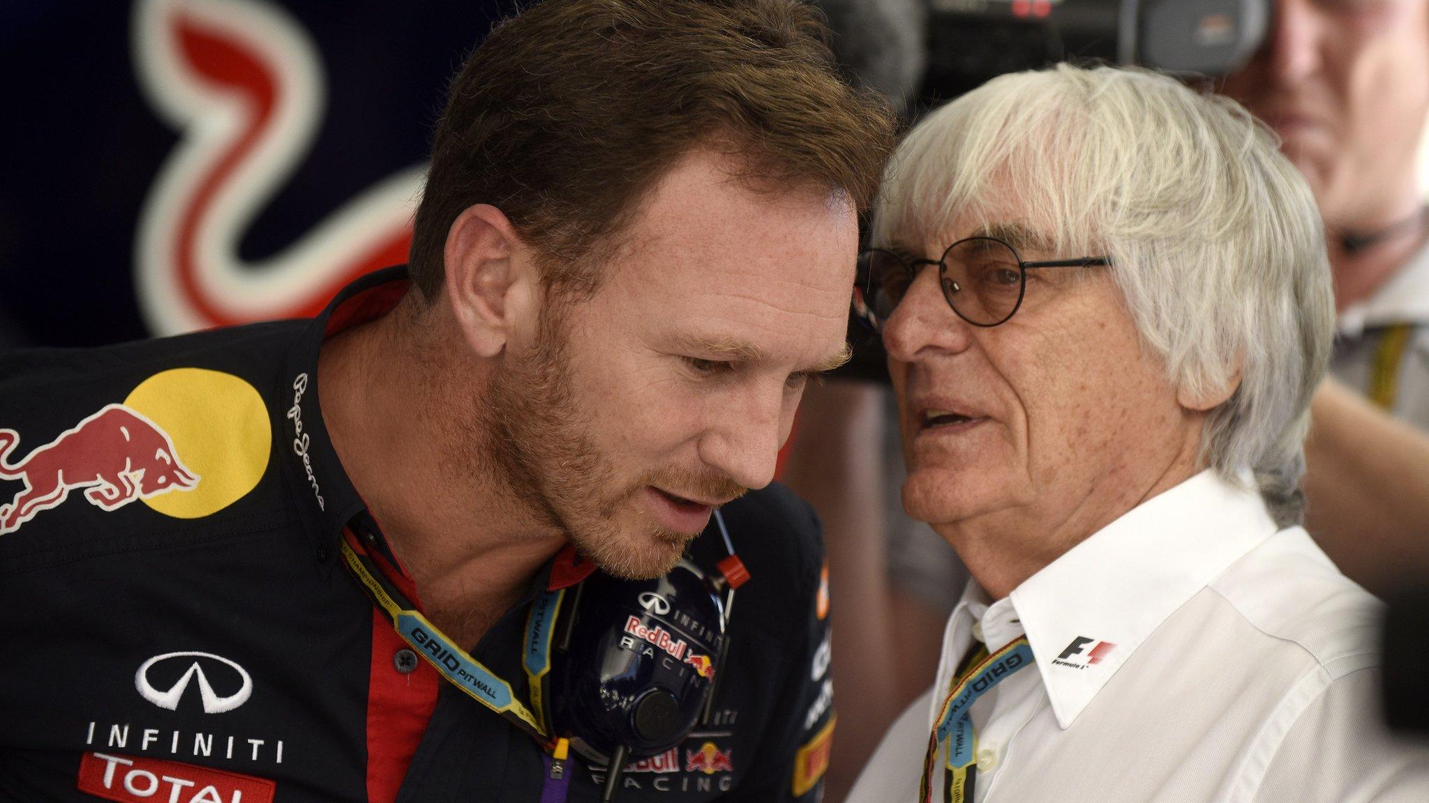 F1 supremo Bernie Ecclestone talks with Red Bull Racing Team Principal Christian Horner