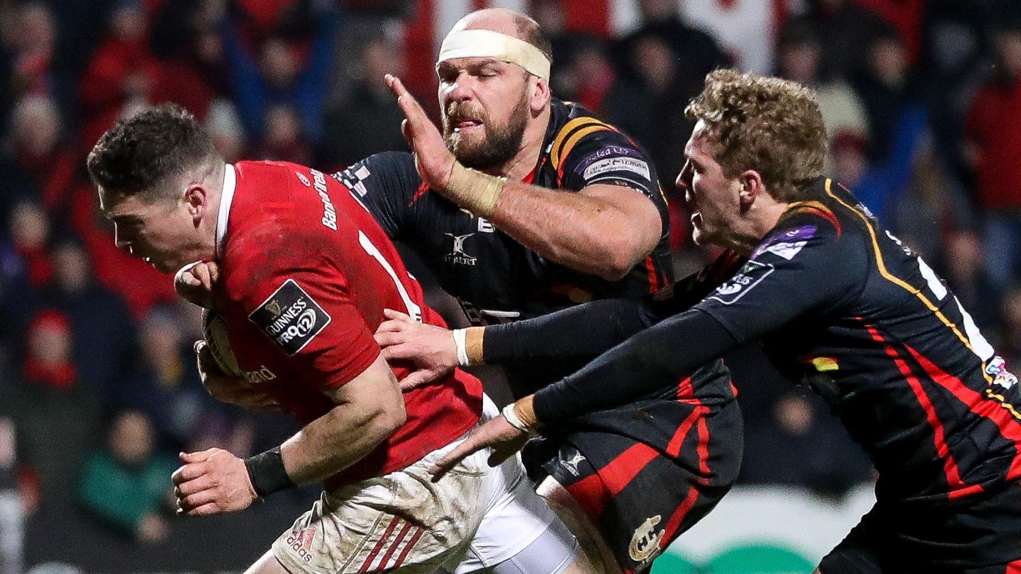 Ronan O'Mahony runs in for Munster's final try against the Dragons