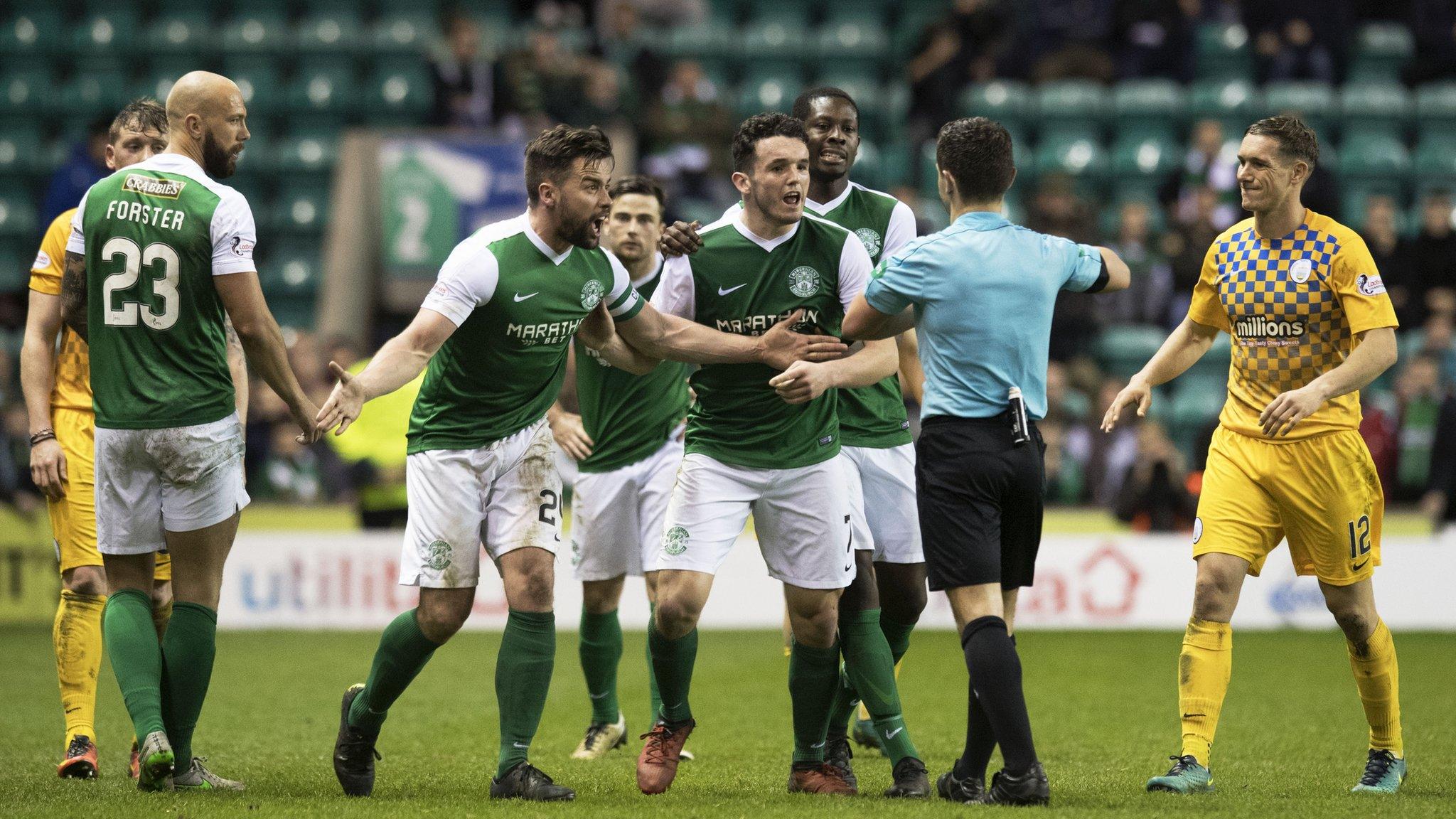 Hibernian players with referee Nick Walsh