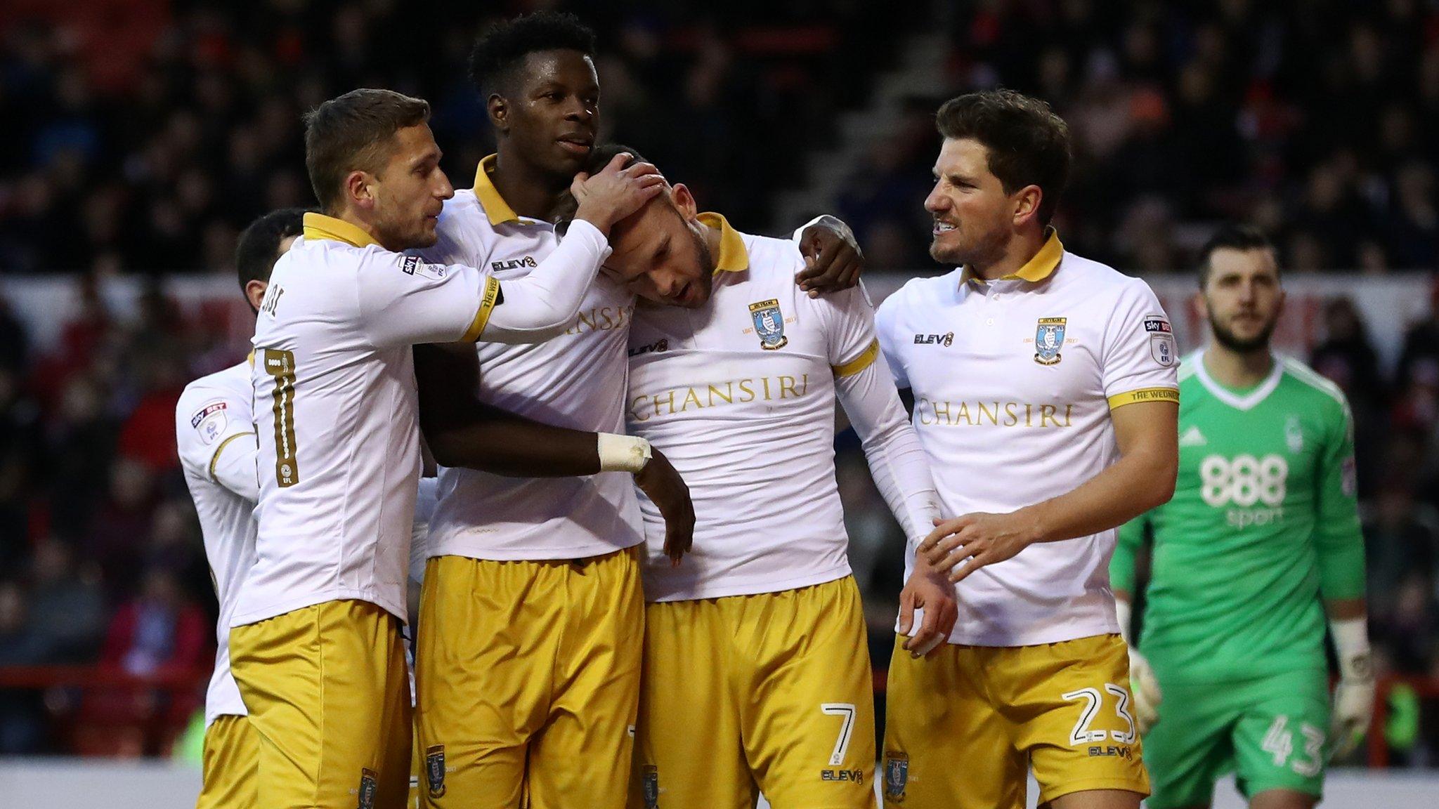 Sheffield Wednesday's players celebrate their second goal against Nottingham Forest