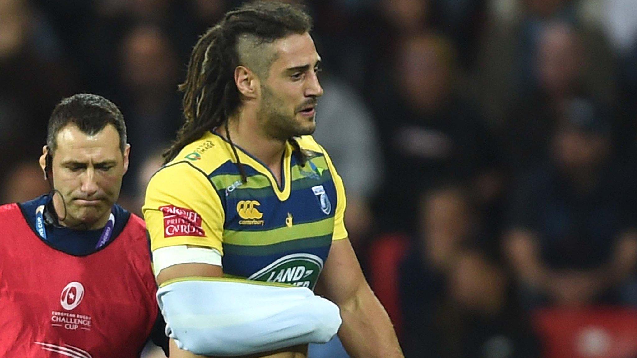 Josh Navidi looks distressed as he leaves the field against Gloucester