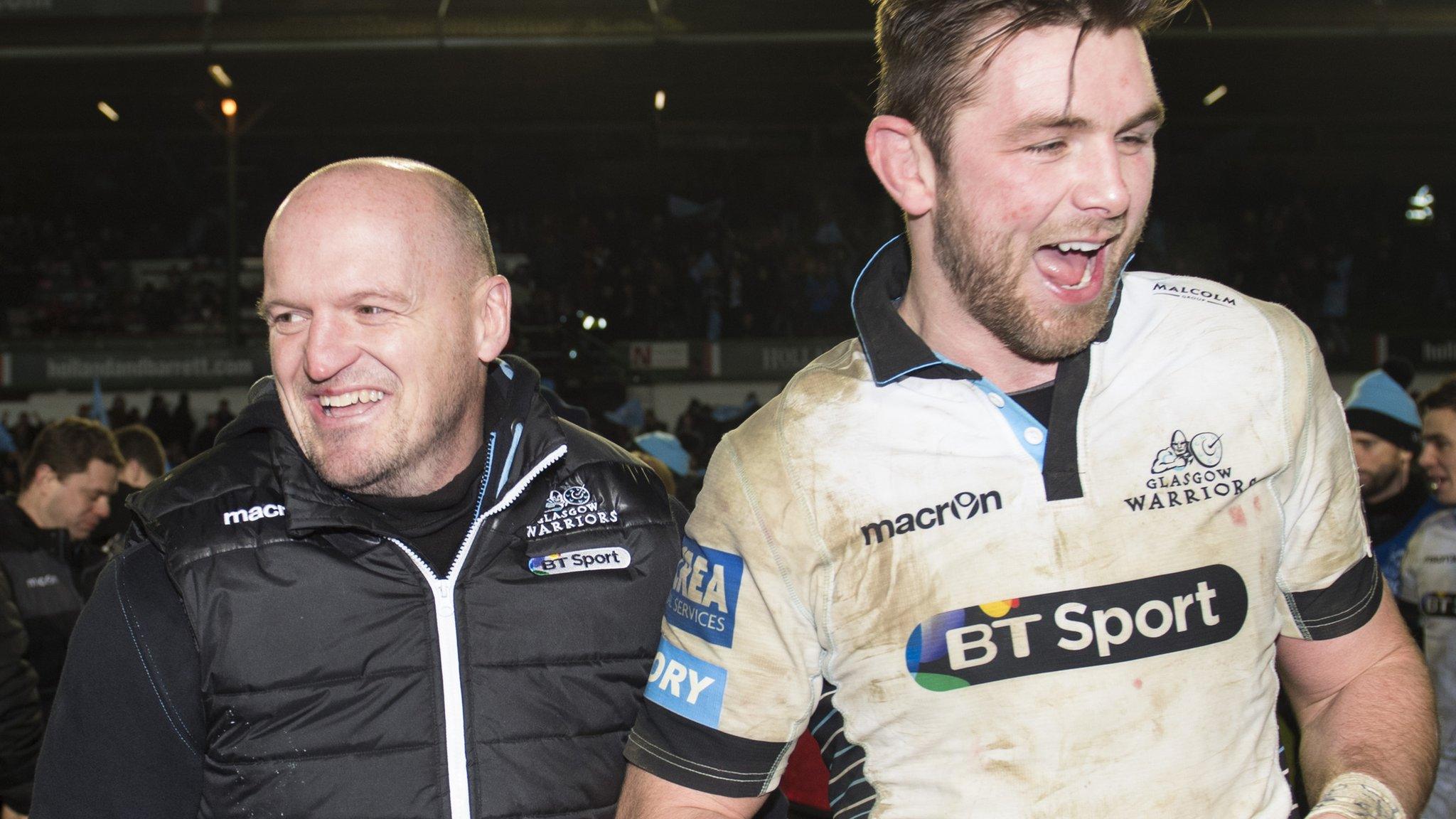 Gregor Townsend and Ryan Wilson celebrate the win at Welford Road