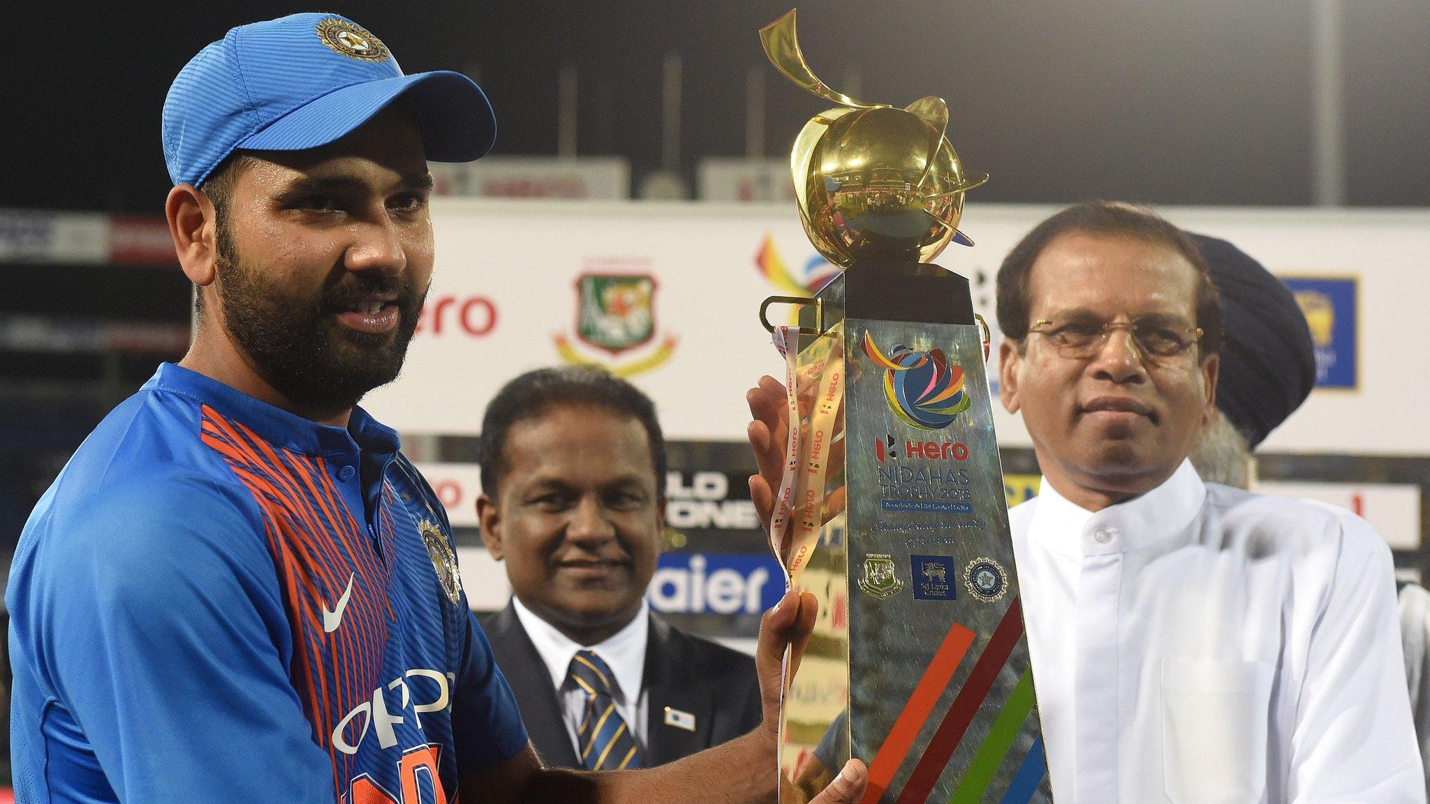 India captain Rohit Sharma with the T20 tri-series trophy