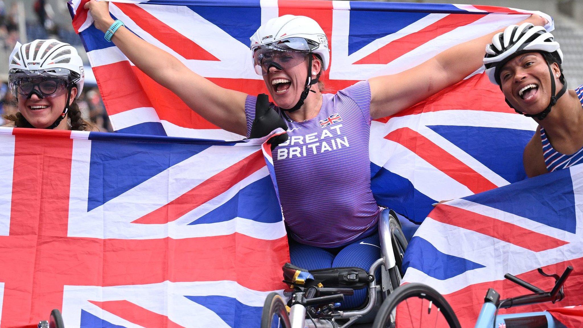 British trio Fabienne Andre, Hannah Cockroft and Kare Adenegan celebrate