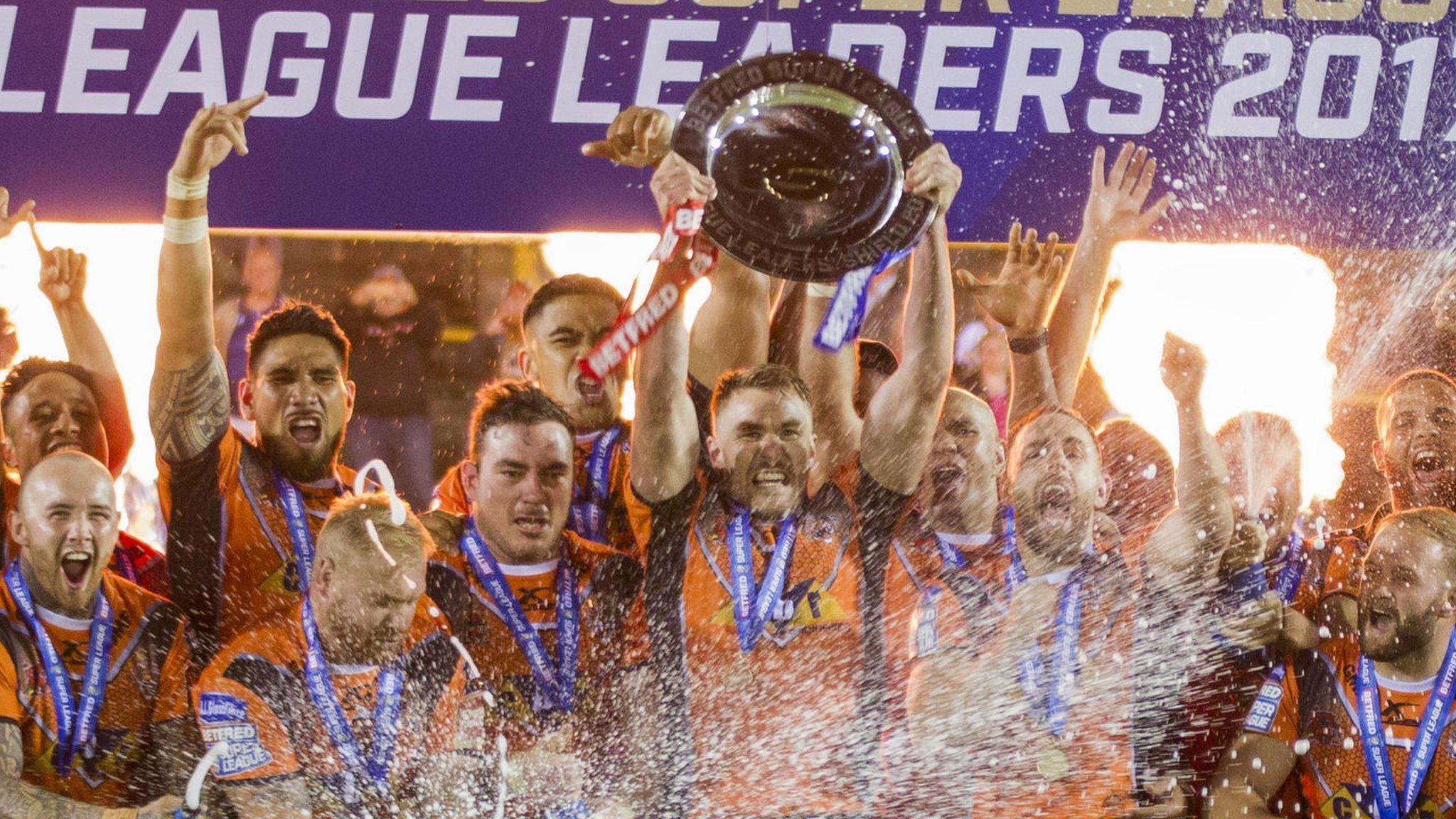 Castleford players celebrate League Leaders' Shield victory