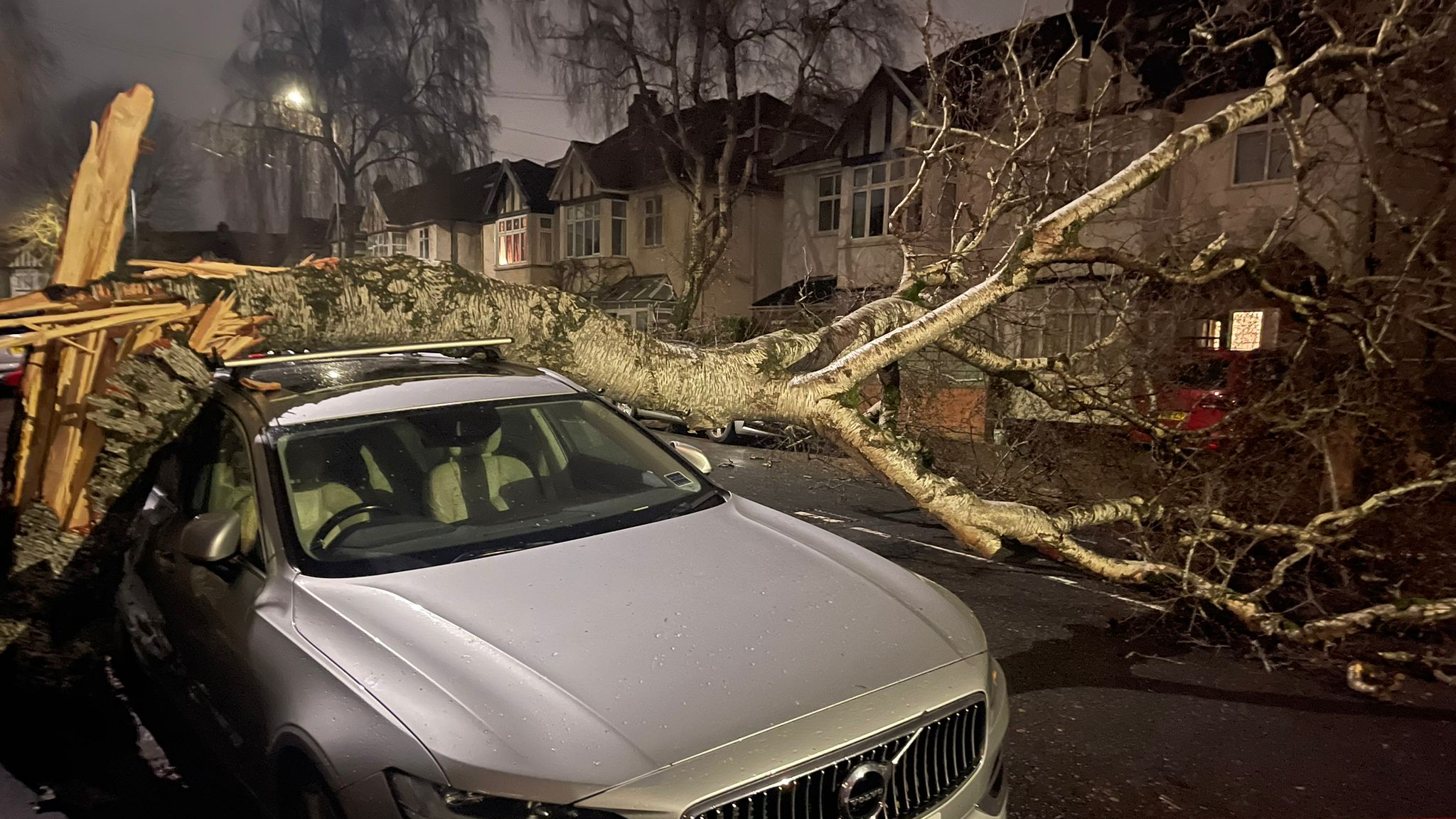 A large fallen tree on top of a silver Volvo in Bristol. The picture was taken in the dark. Houses can be seen on the opposite side of the street. 