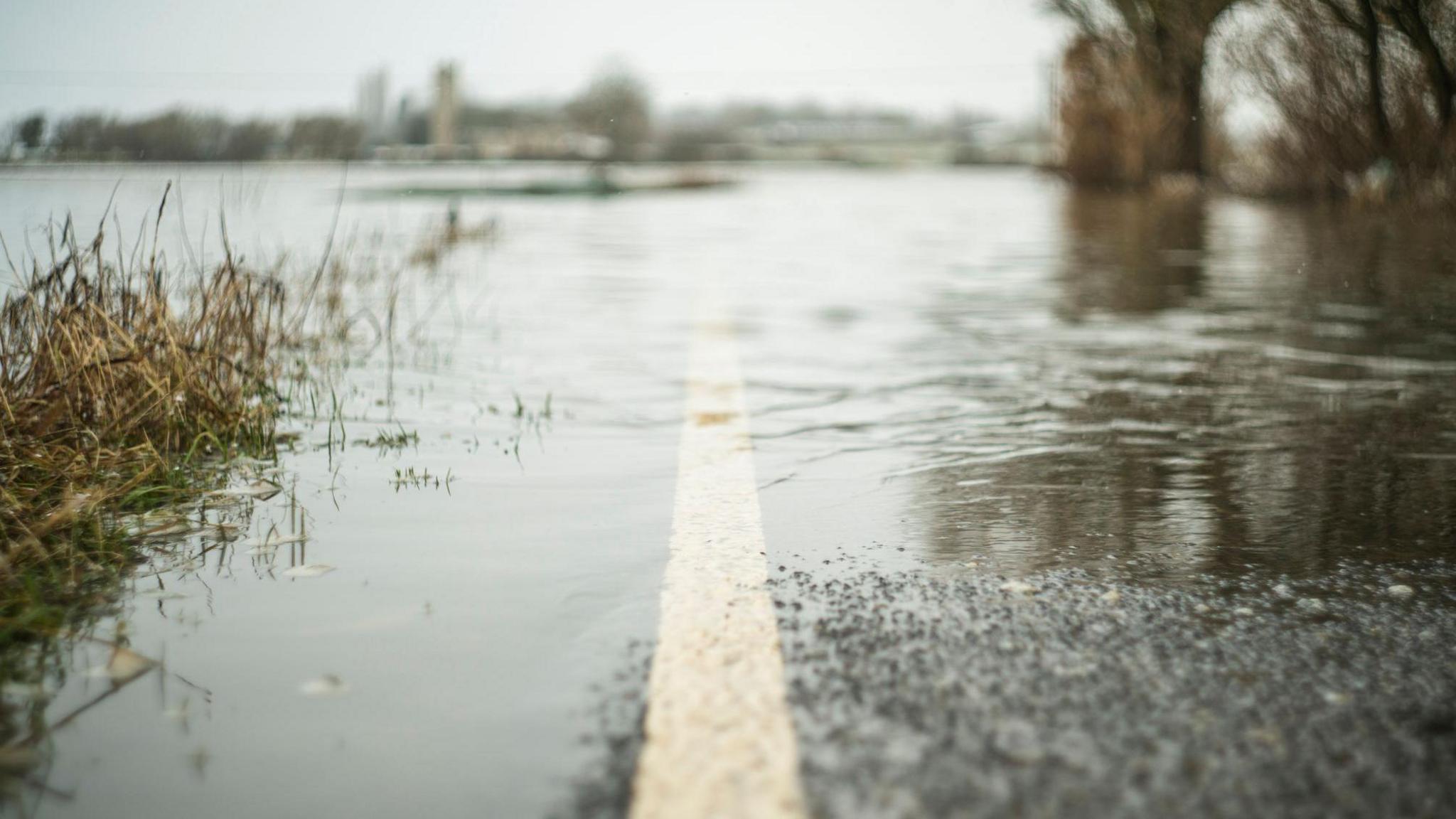 The yellow road marking is submerged by flood water up close. 