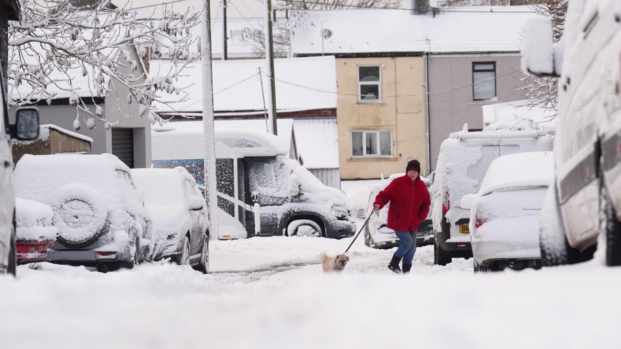 A person walking their dog in Tow Law, County Durham.