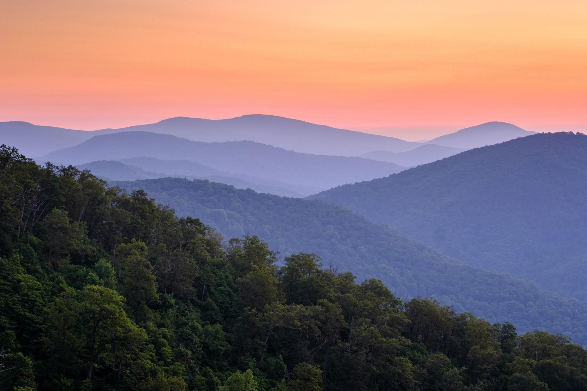 Dawn sunrise Dawn over the hills of Shenandoah National Park, Virginia.