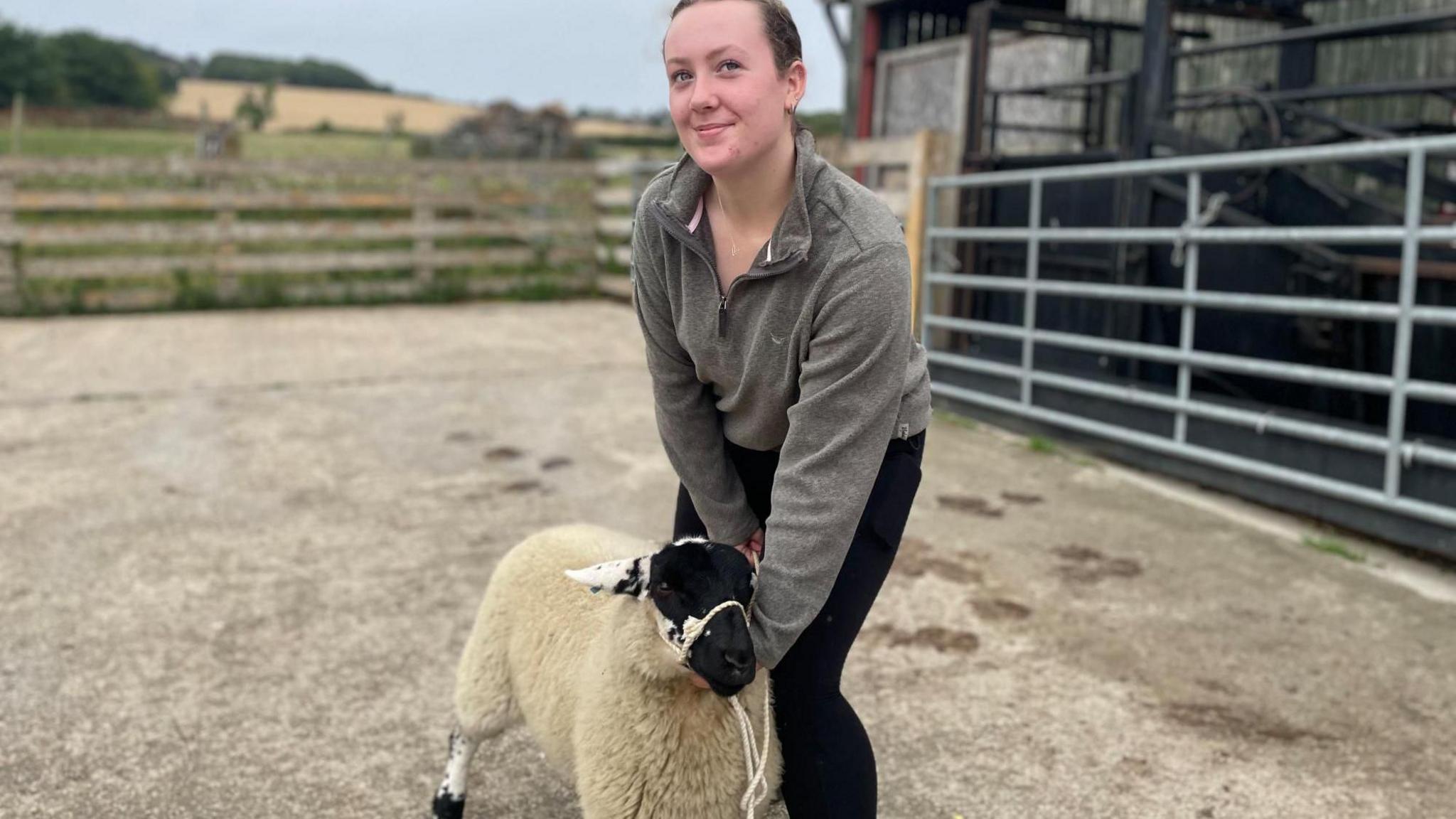 A young girl in a grey fleece holds a sheep carefully with some rope on a farm
