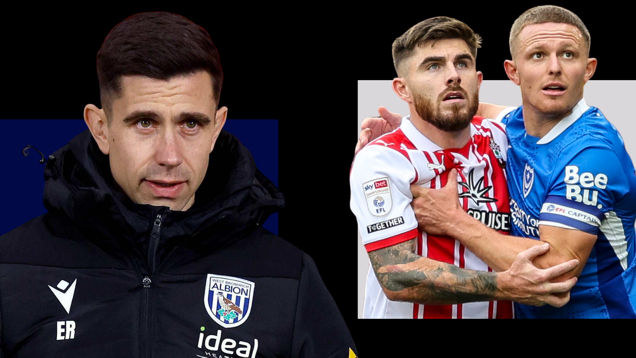 West Bromwich Albion boss Eric Ramsay, and Southampton's Ryan Manning grappling with Portsmouth's Colby Bishop