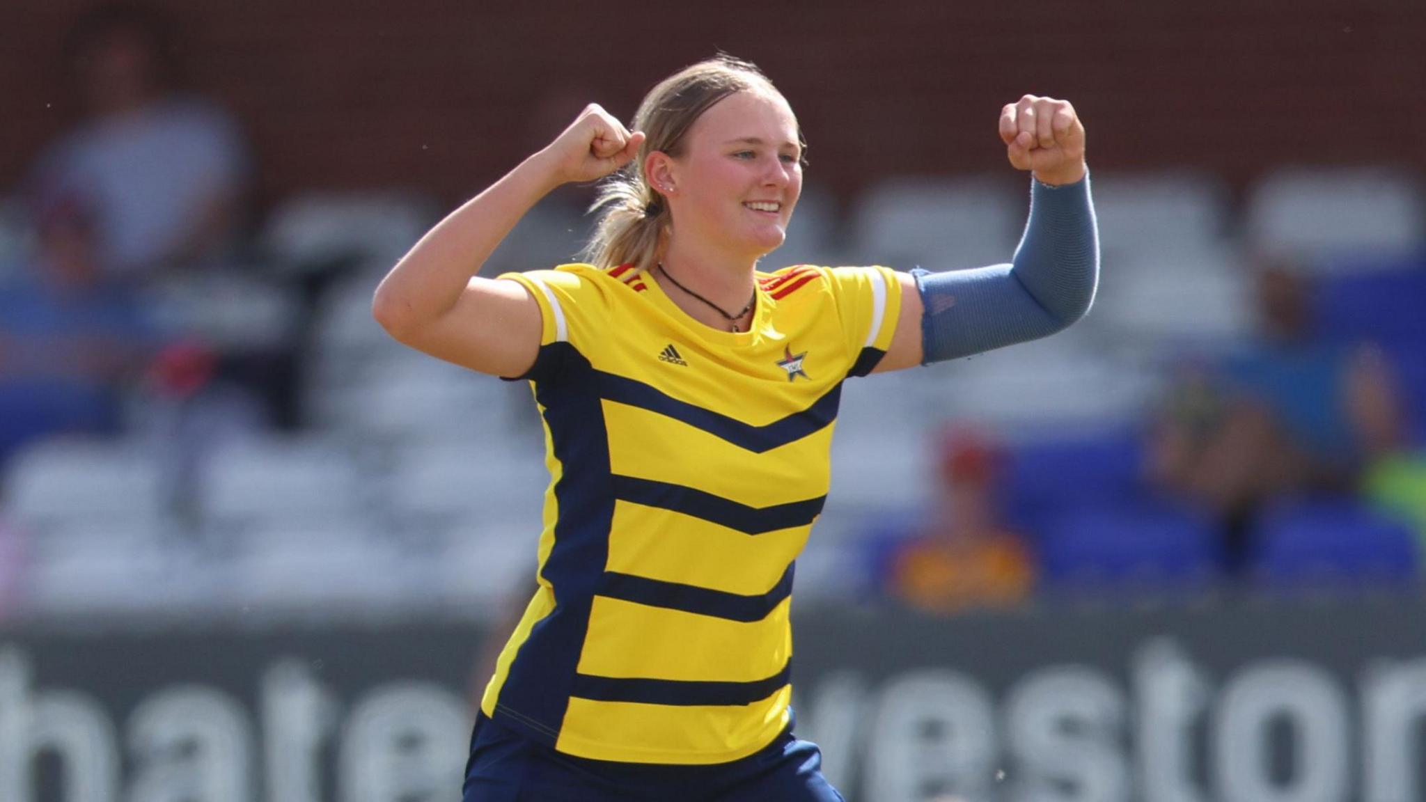 Tilly Corteen-Coleman celebrating taking a wicket