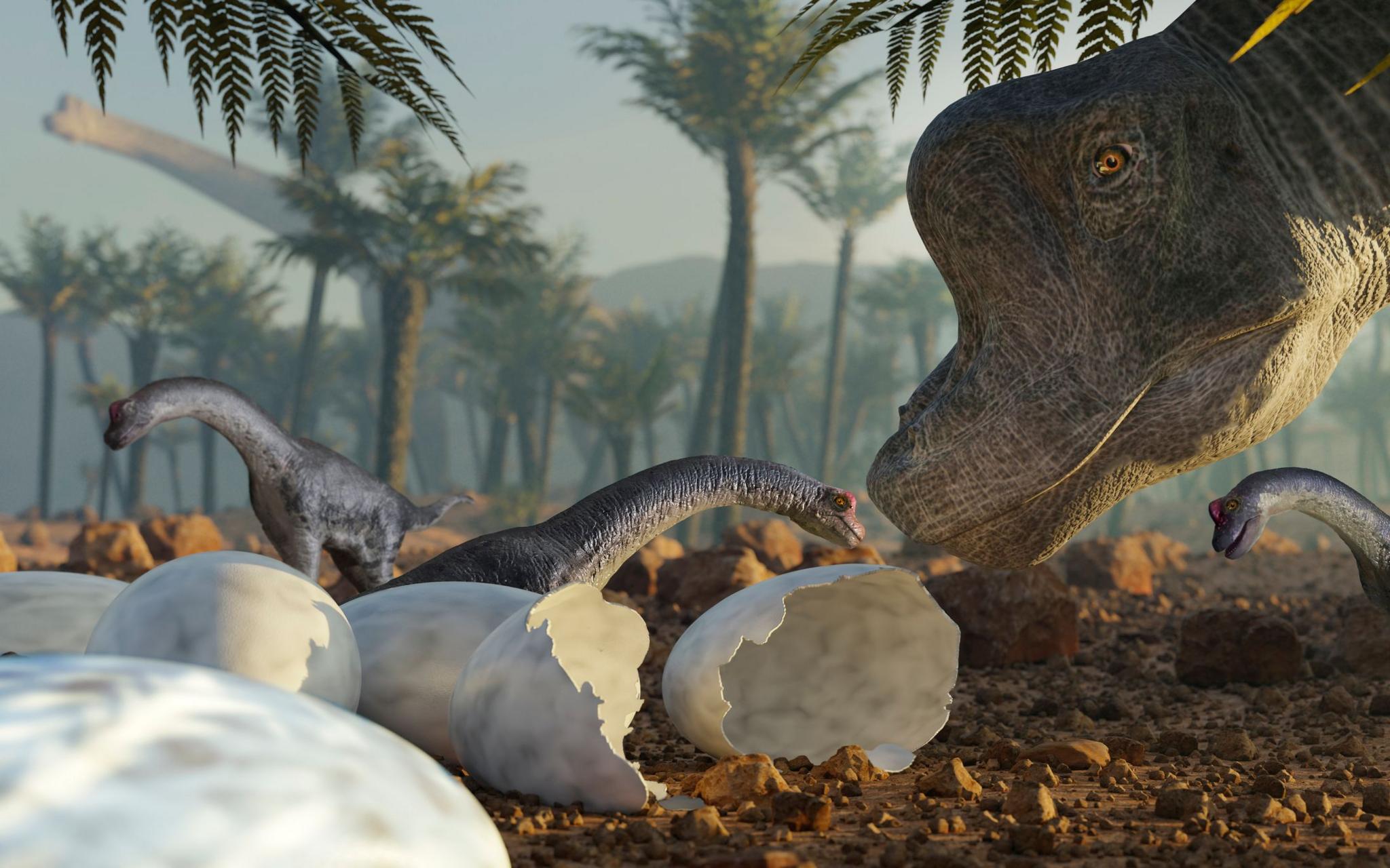 Dinosaurs hatching from eggs