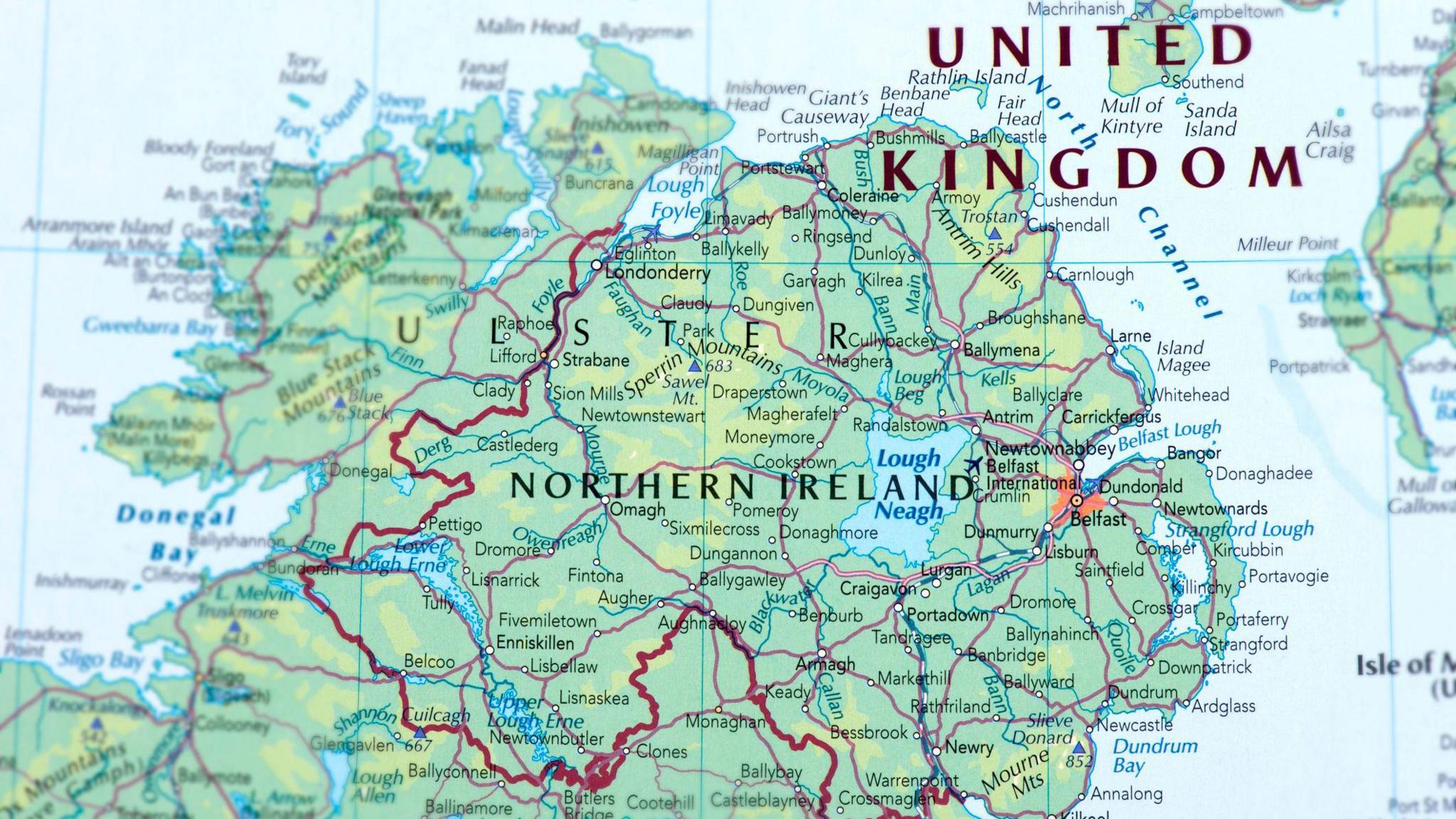 A map of Northern Ireland, where the border is drawn in red ink. 