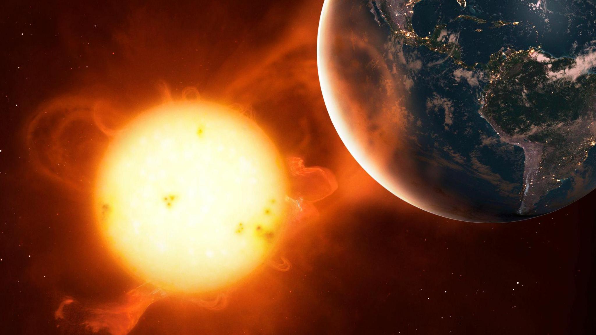 Illustration of a coronal mass ejection impacting the Earth's atmosphere.