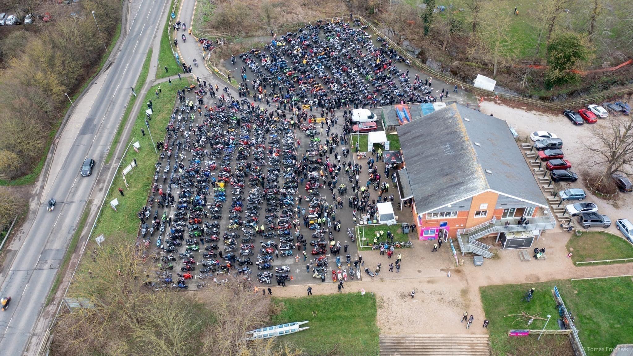 An aerial view of a previous Chilly Willy event shows hundred of motorbikes in a car park next ot the Bedford Road in Northampton.