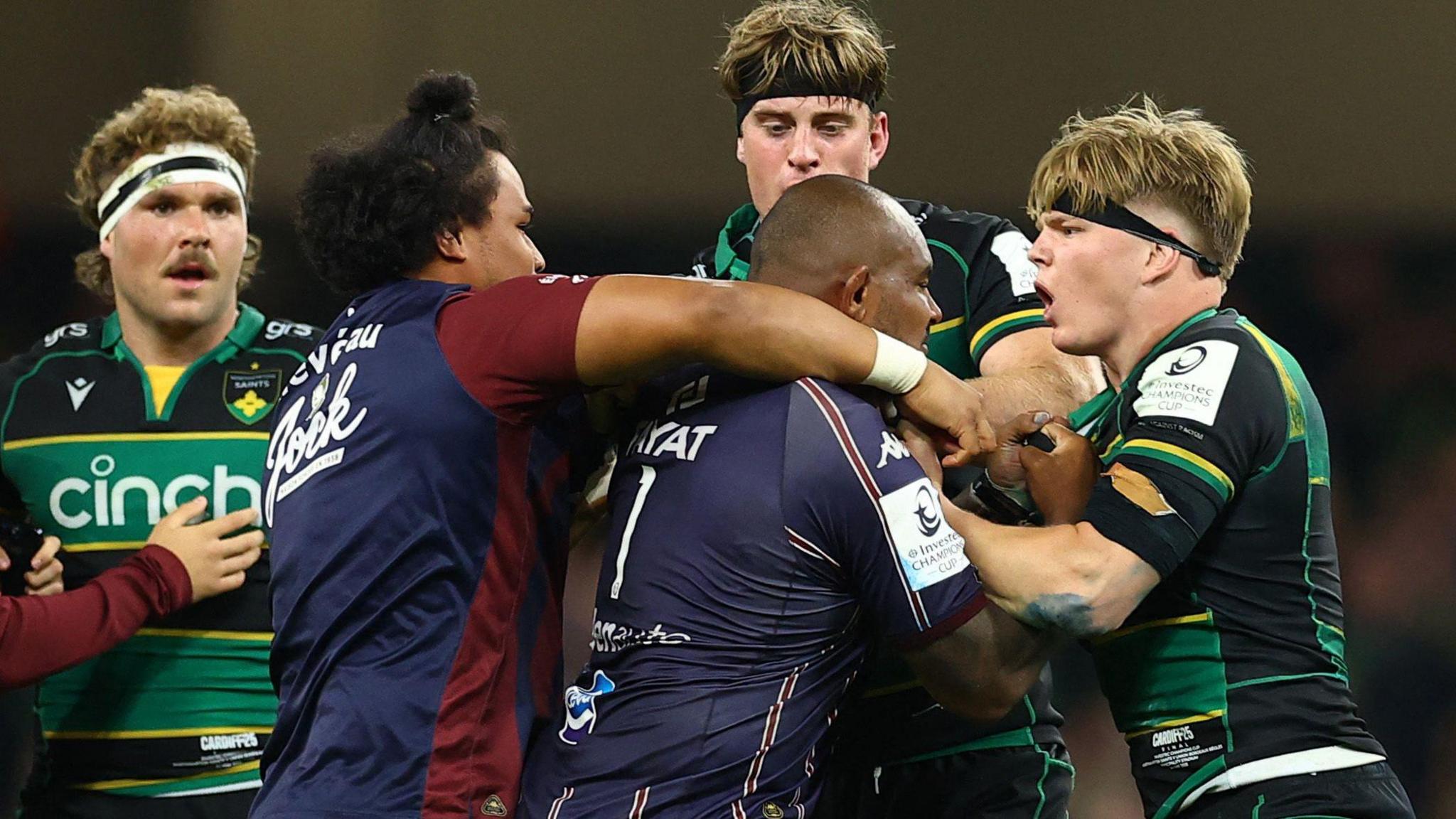 Northampton Saints' Henry Pollock and Bordeaux Begles' Jefferson Poirot are involved in an altercation