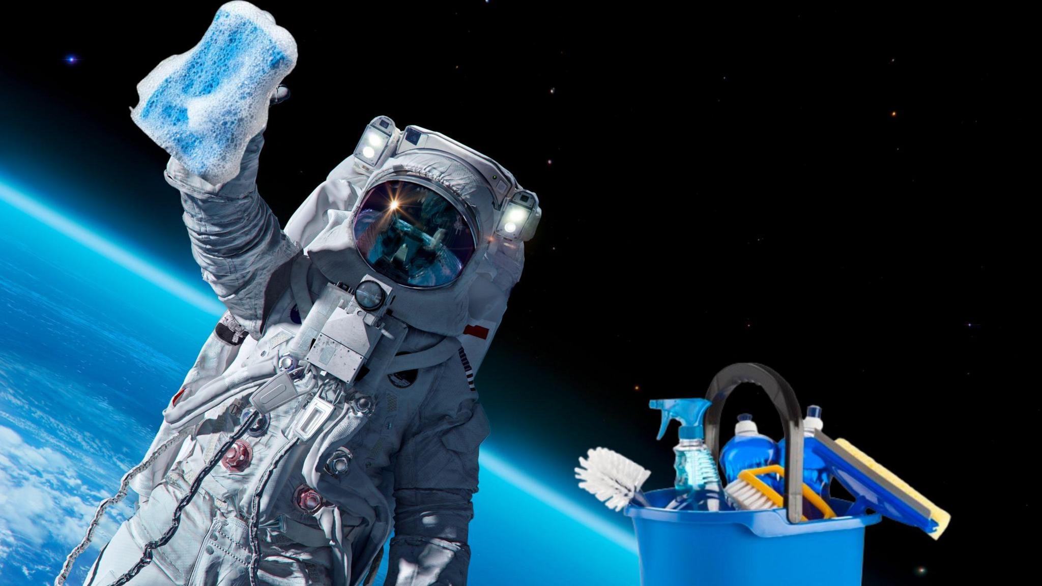 An illustration of an astronaut in space with a wet sponge in their hand cleaning.