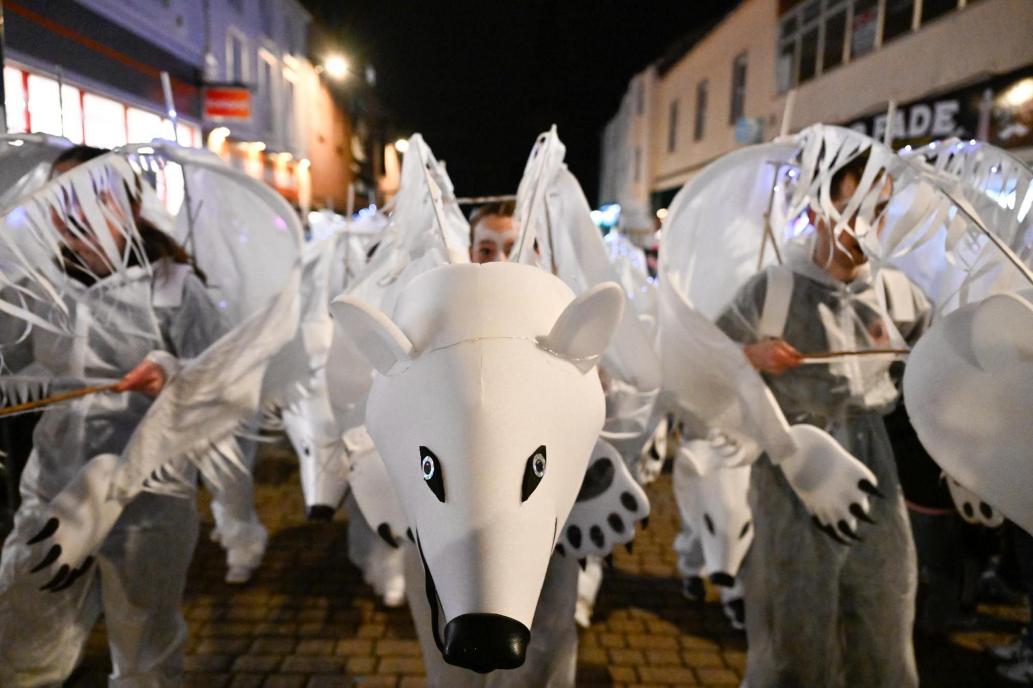 People dressed as polar bears walk through Dumfries high street