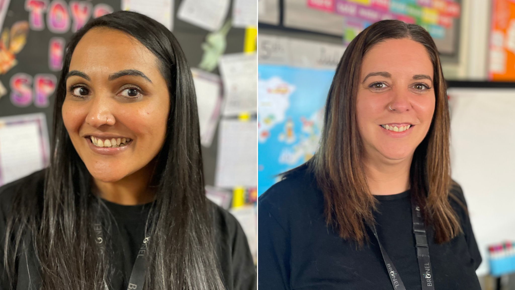 The two headteachers smiling and standing in a classroom 