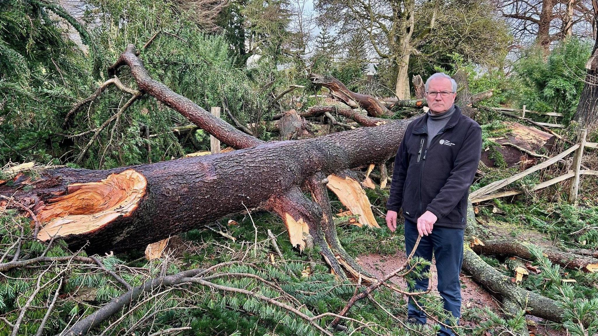 Simon Milne stands beside the fallen tree. There are snapped branches everywhere. He is wearing a blue fleece jacket and blue trousers. He has grey hair and glasses.