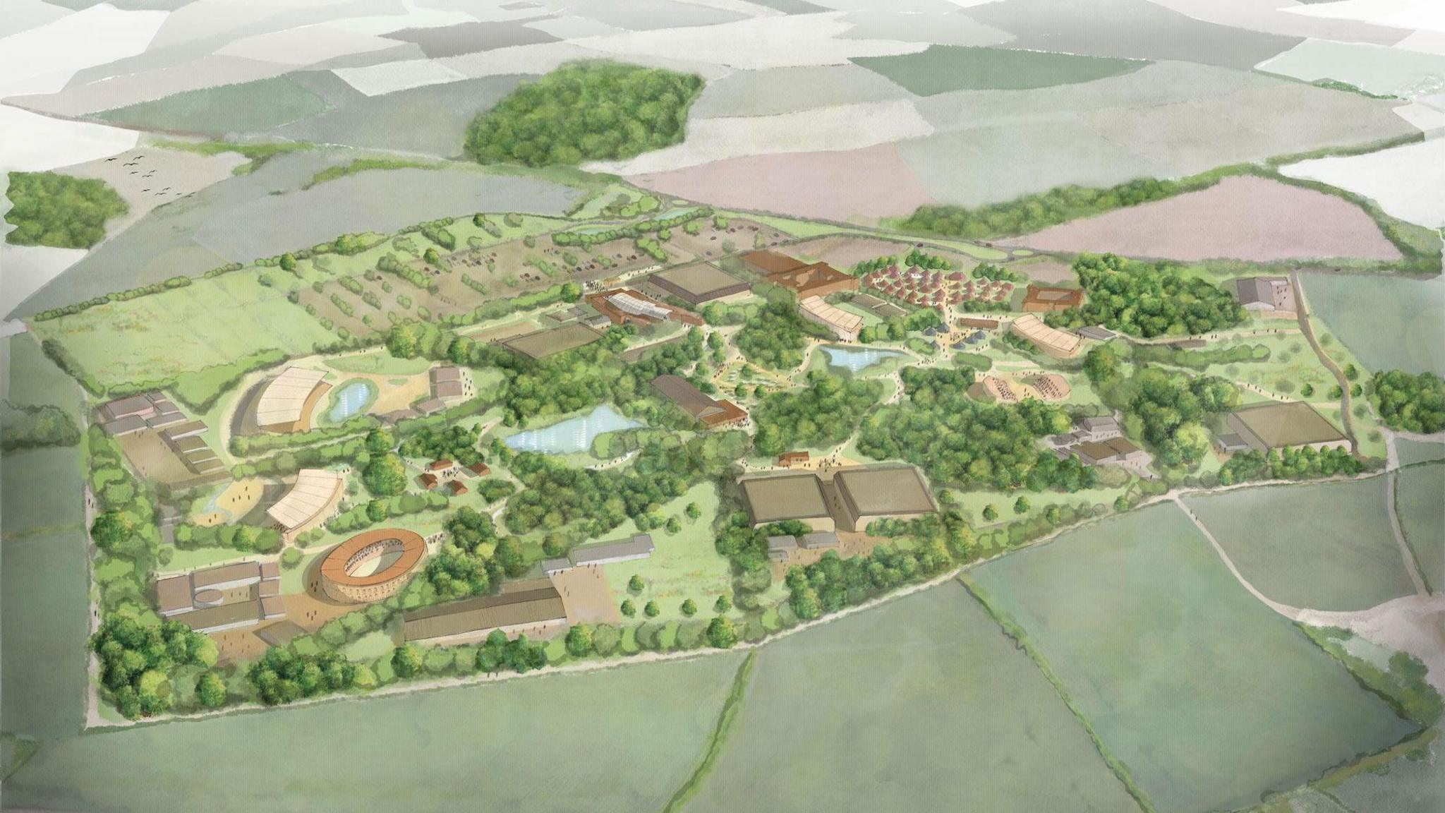 An artist's rendition of the Puy du Fou site, which can be seen situated in the middle of several green fields.