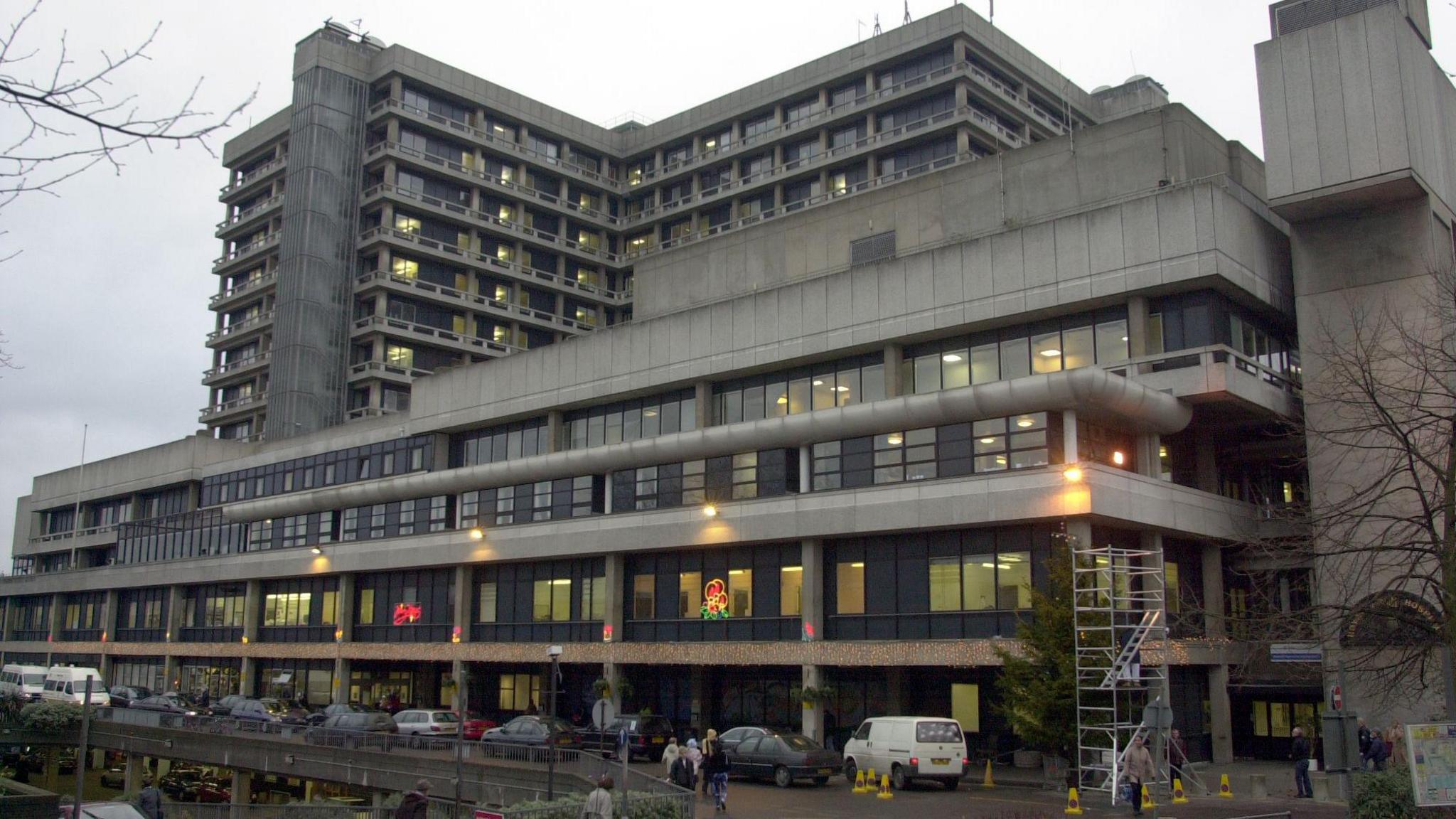 The Royal Free Hospital building - predominately made up of grey concrete blocks. 