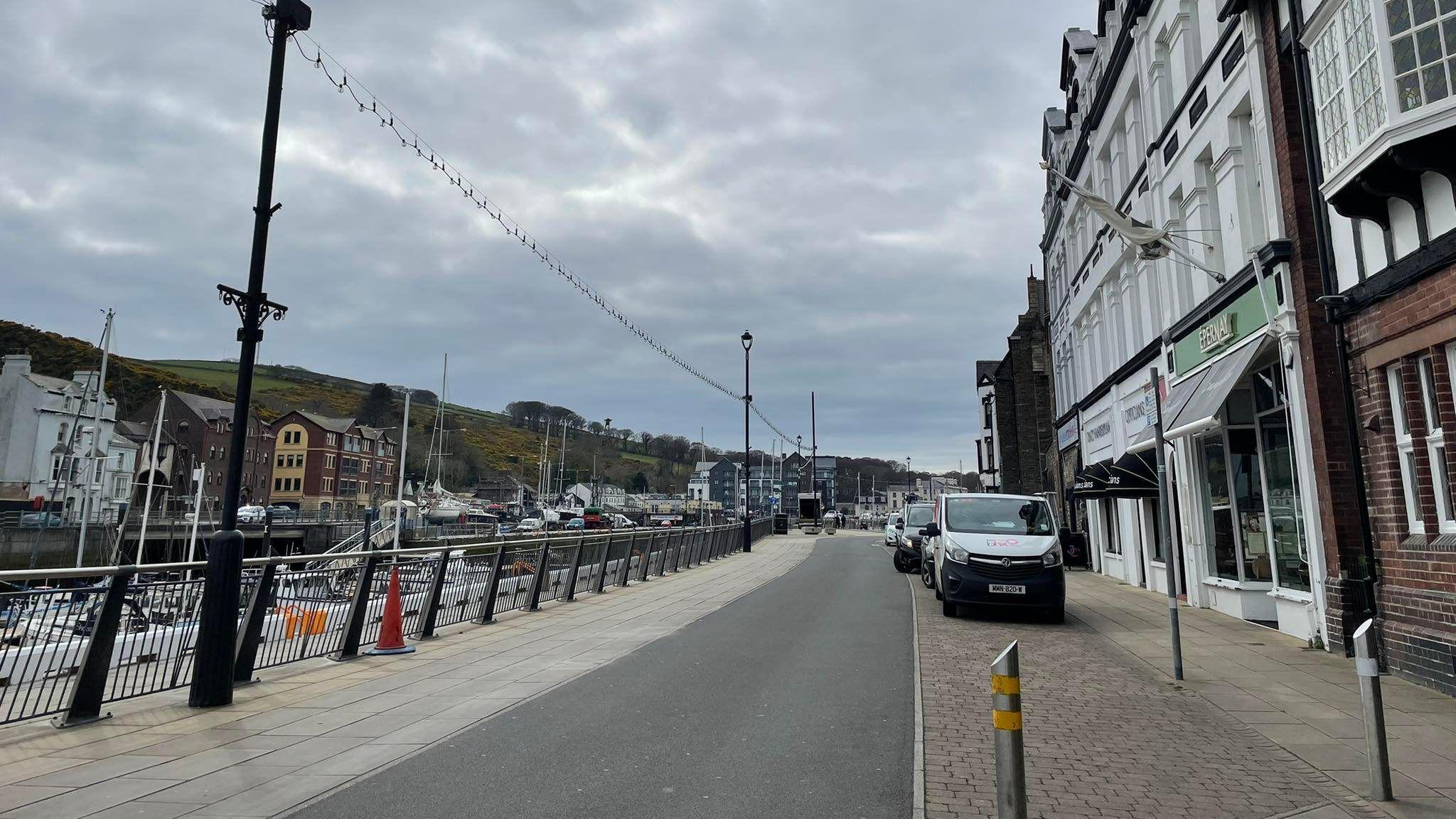 A street alongside a harbour marina, with a row of Victorian buildings that have a white facade on the right hand side of the street, and a railing and the boats in the the harbour on the left side. In the background are hills across the water. 