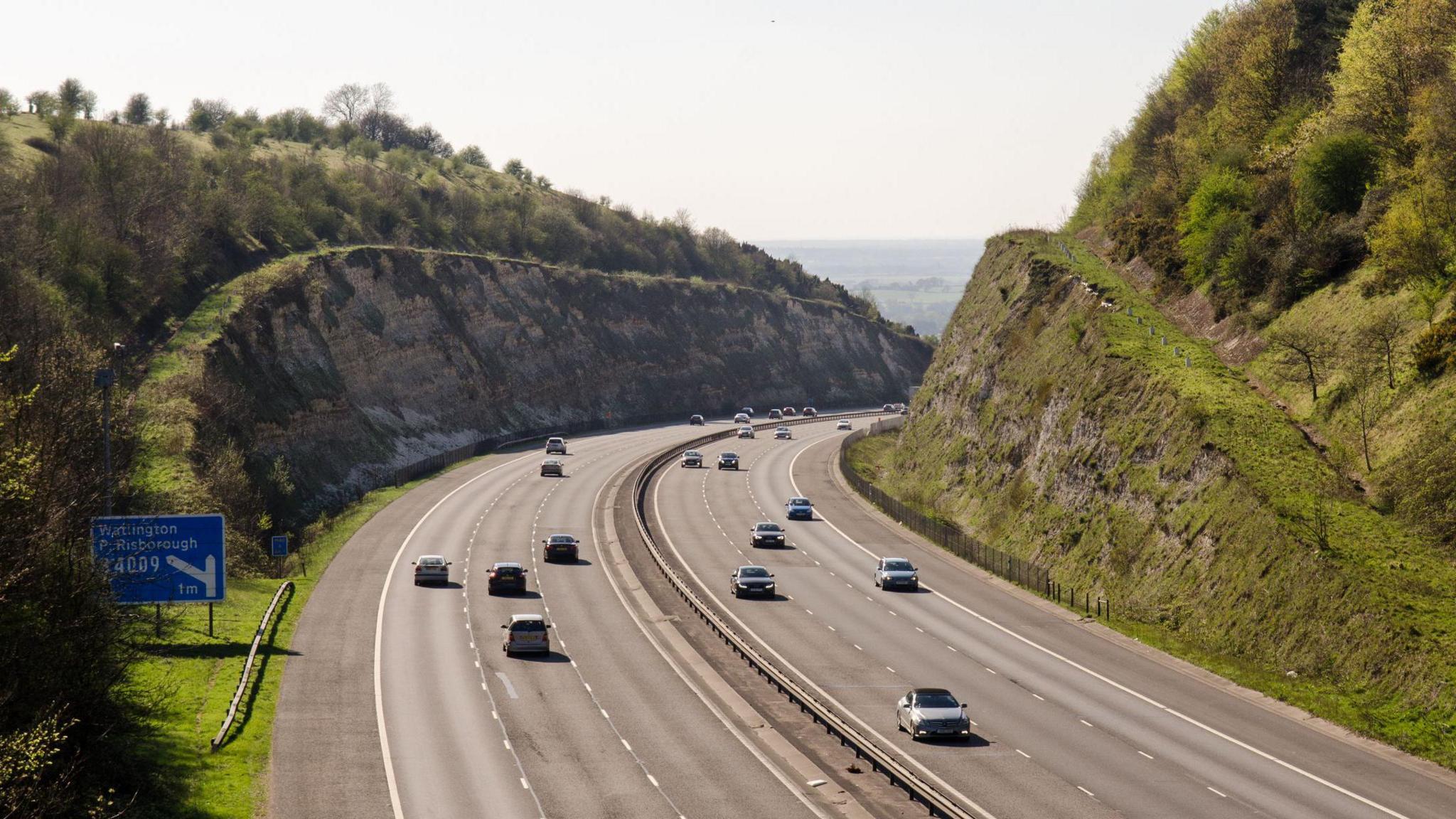 The M40 motorway cutting through the Chiltern Hills scarp at Stokenchurch Gap in Oxfordshire.