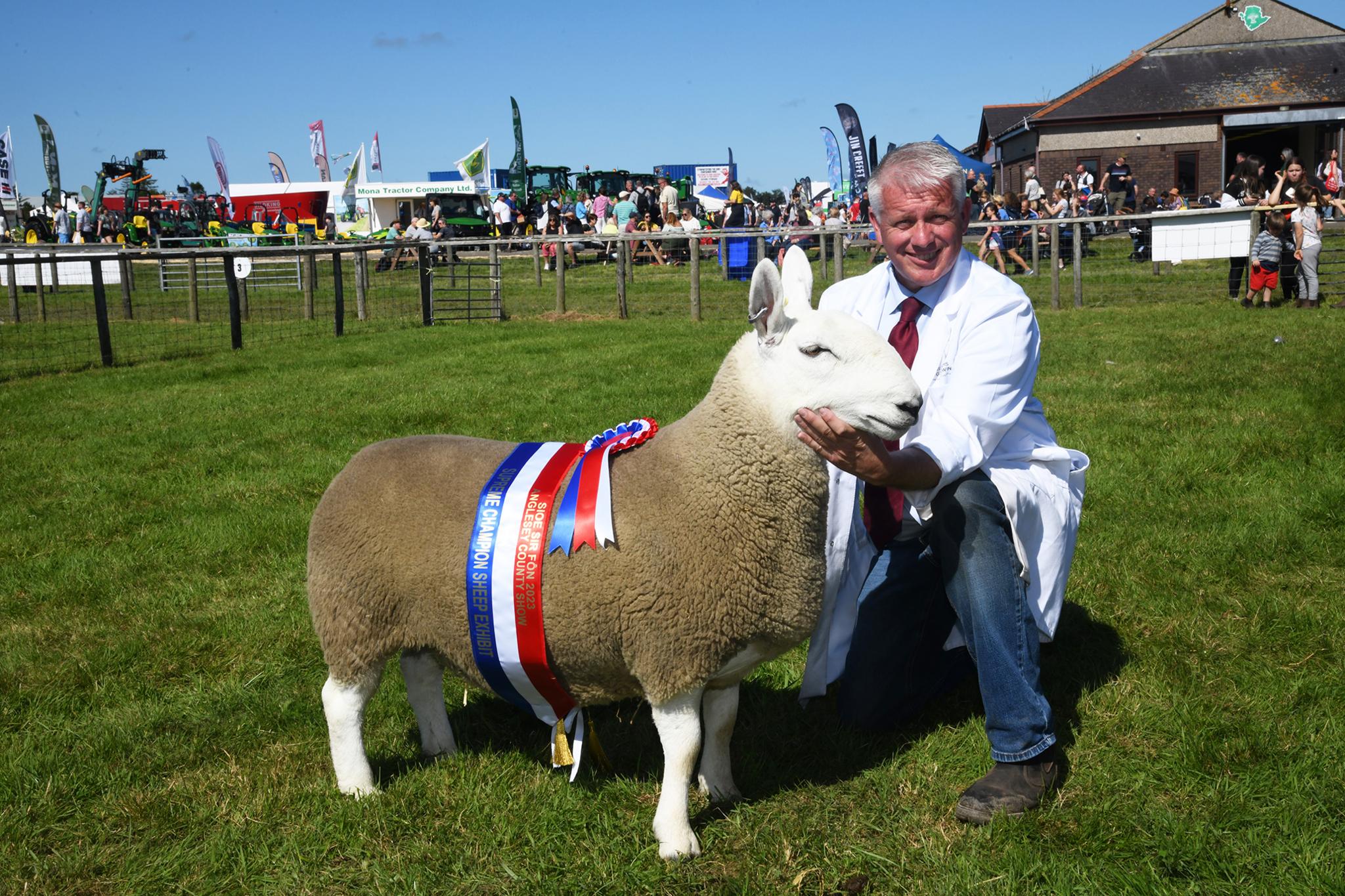 Melfyn Williams o Brynsiencyn gydai North Country Cheviot pencampwr y pencampwyr yn y sioe 