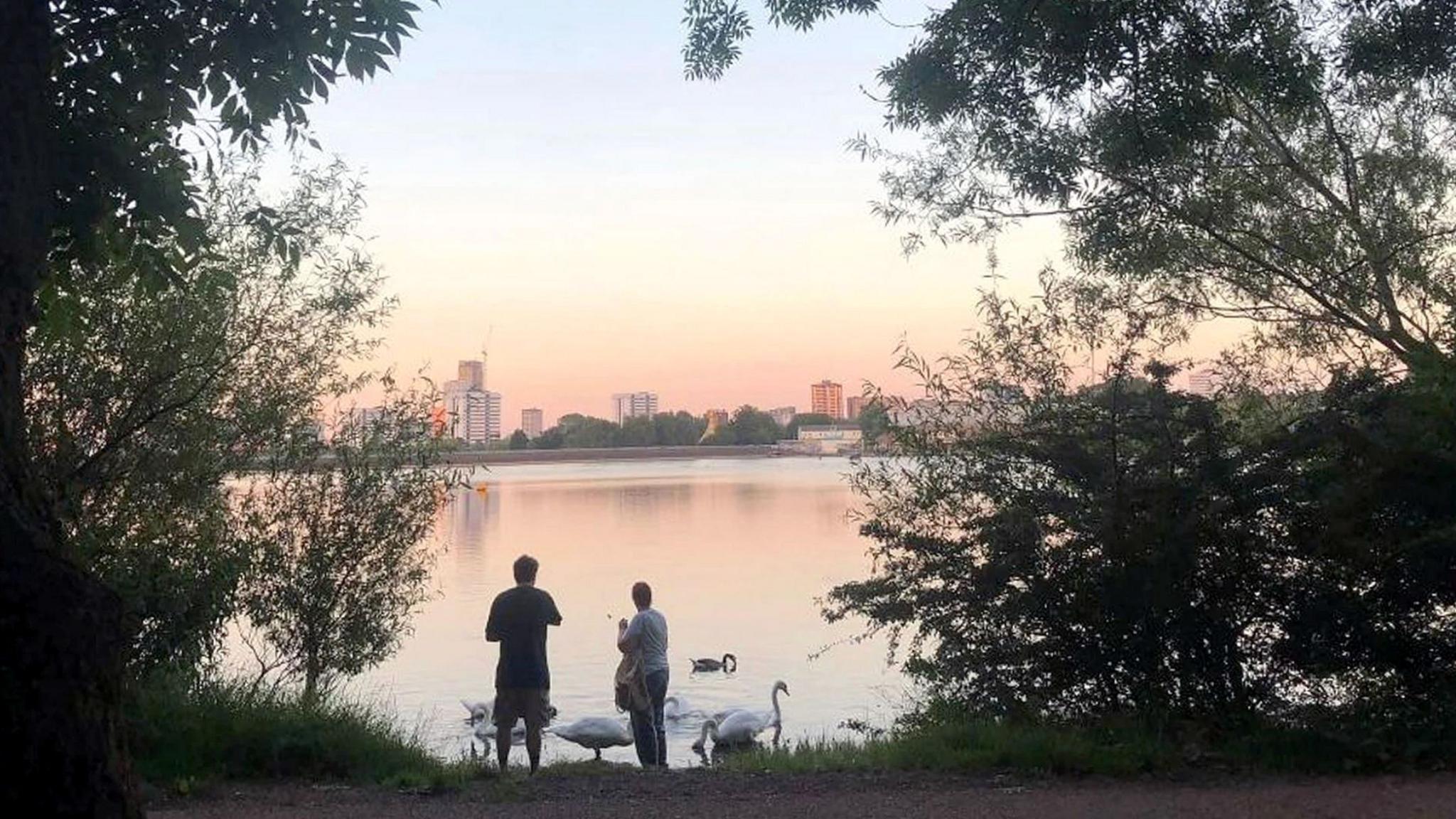 Two people feeding swans at a reservoir with the sun setting in the distance.