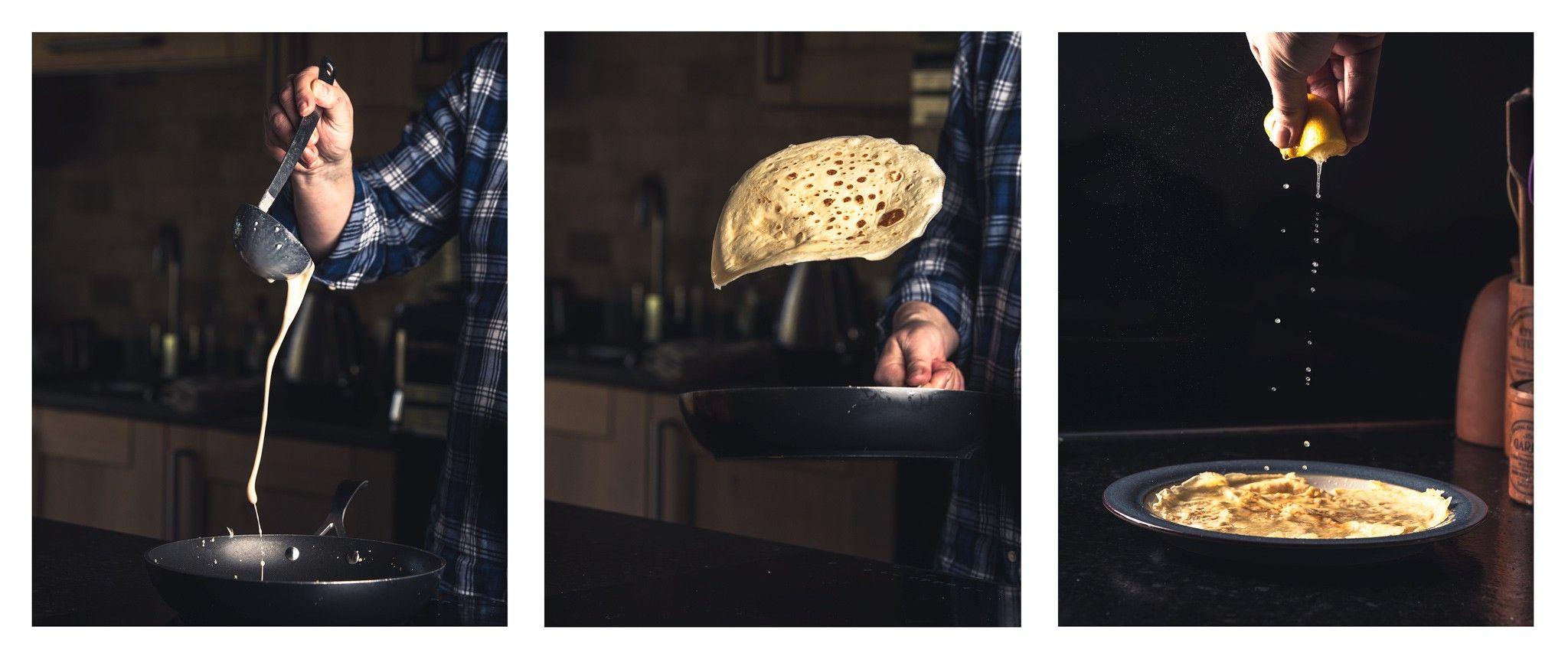 Thre pictures showing the stages of making a pancake