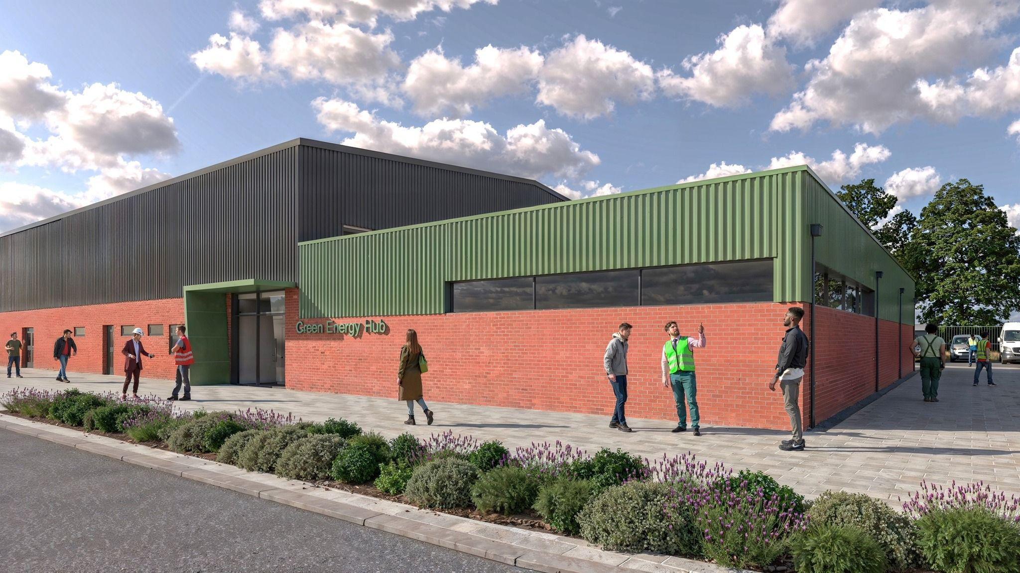 A computer-generated image of a large building whish is brick on the lower level and green and black on the upper level. People can be seen walking around the building, some talking to each other.