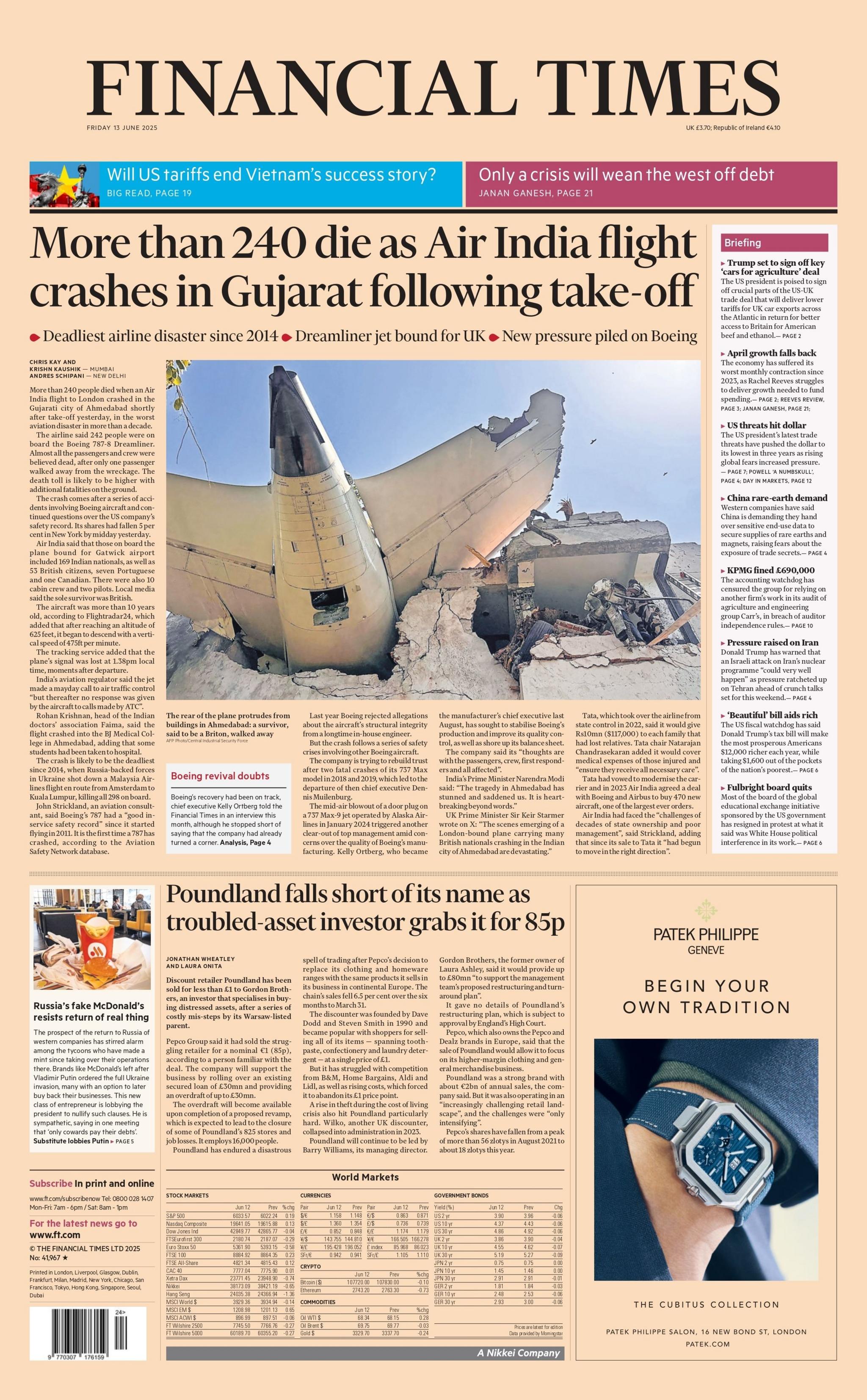 The headline on the front page of the Financial Times newspaper reads: "More than 240 dies as Air India flight crashes in Gujarat following take-off".