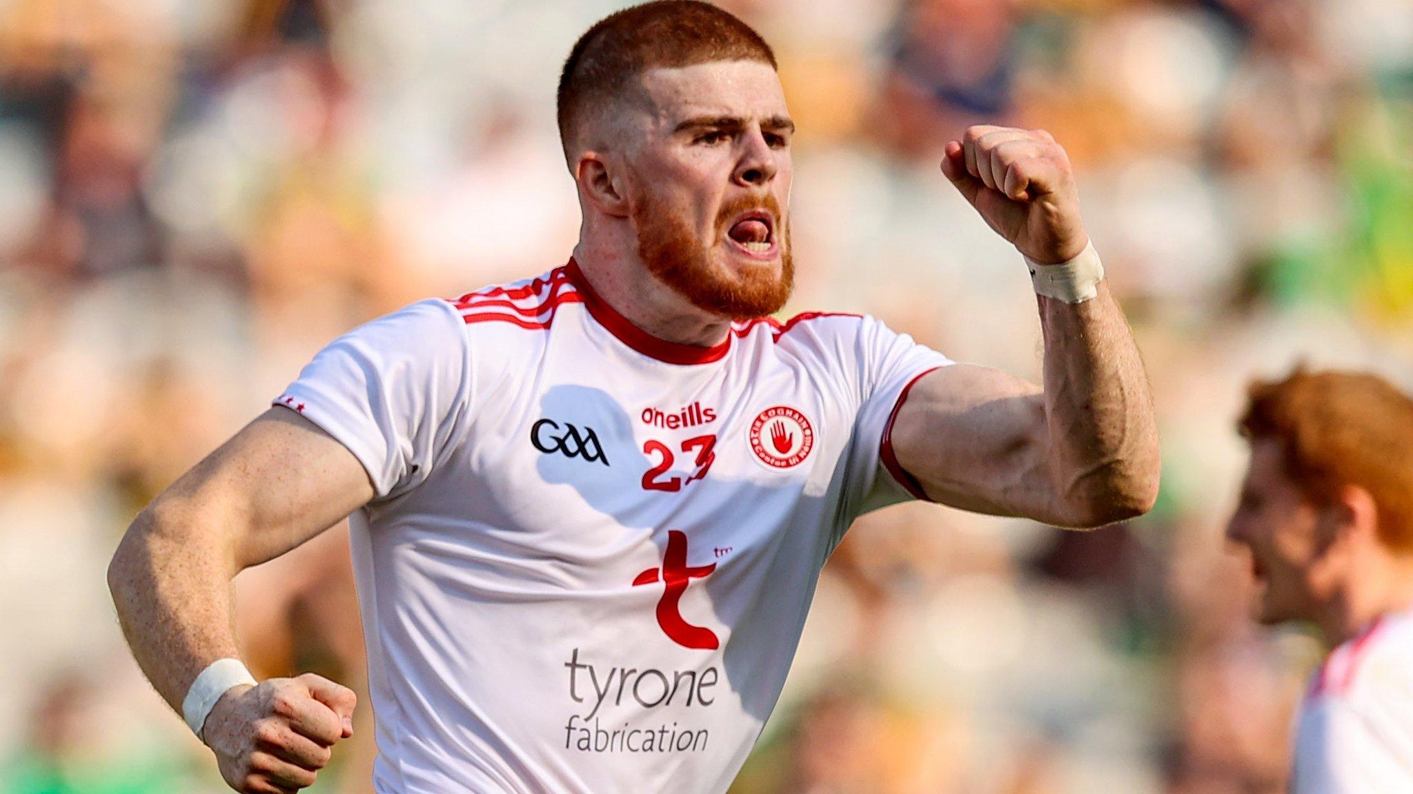 Cathal McShane celebrates his Tyrone goal late in normal time against Kerry