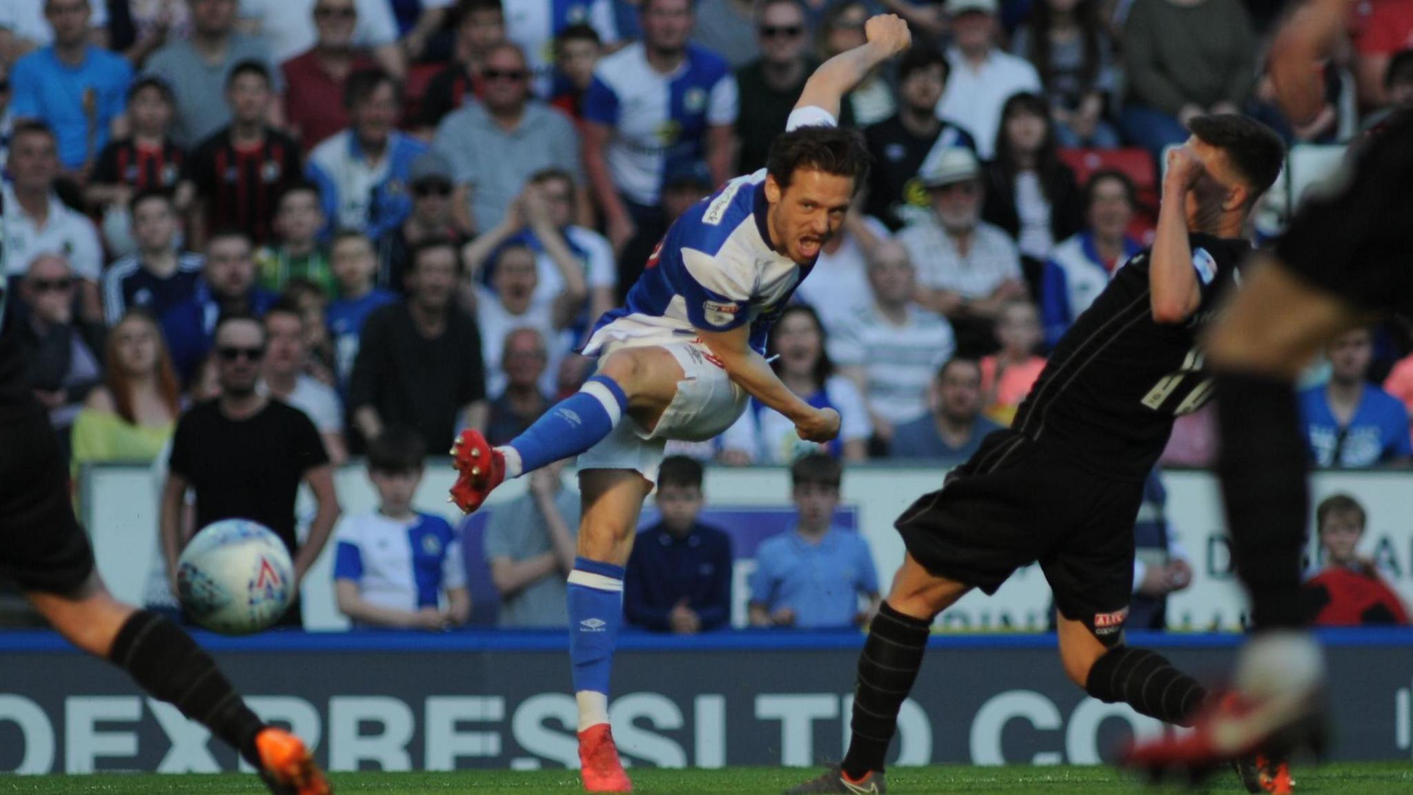 Jack Payne scores a goal with a left-footed drive playing for Blackburn Rovers