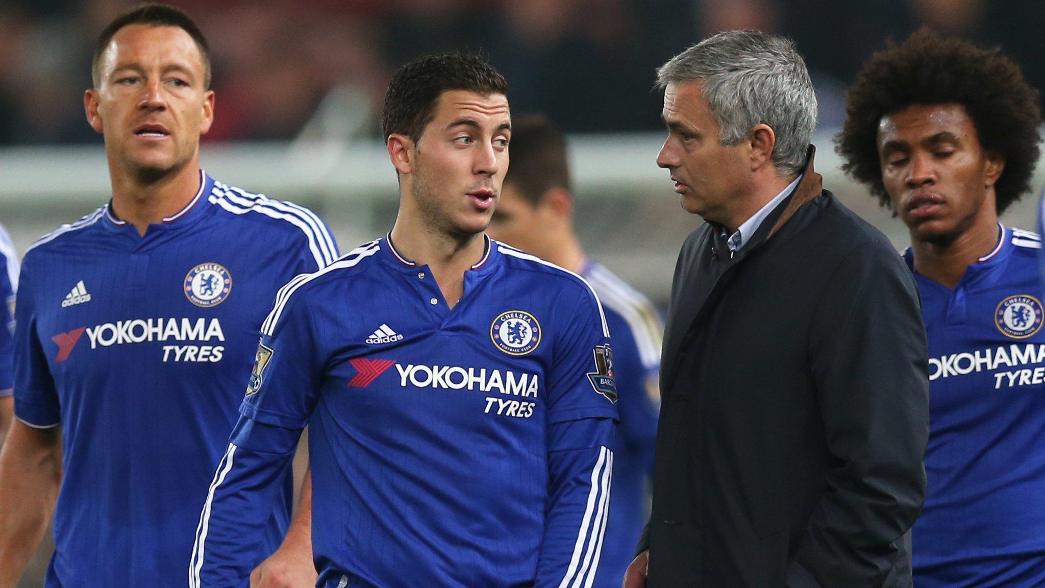 Chelsea manager Jose Mourinho with Eden Hazard, John Terry and Willian