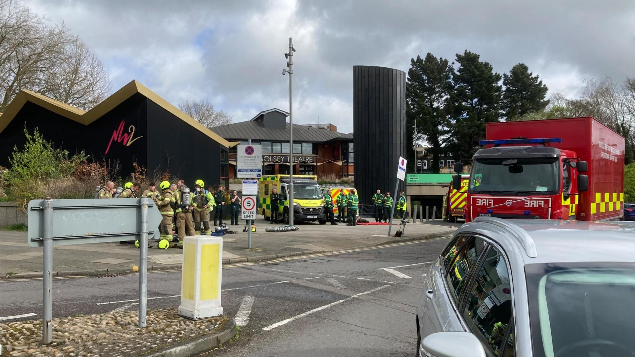 Emergency service vehicles outside the Spiral car park and New Wolsey Theatre in Ipswich